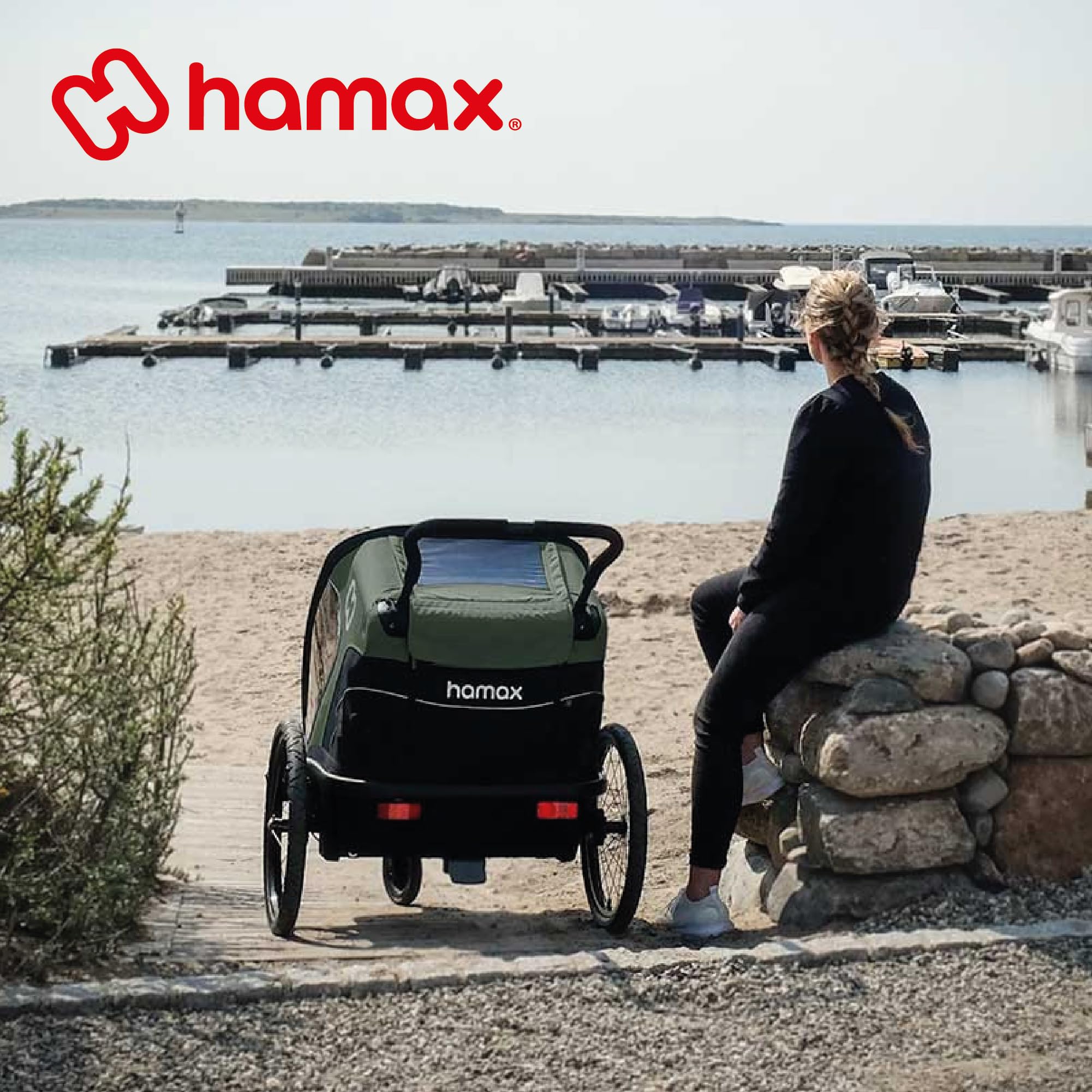 Hamax - Outback-Anhänger – 2-Sitzer – leicht und bequem – neigbare Sitze – große Fenster – Reflektoren vorne/hinten – faltbar und tragbar – Befestigung Fahrrad oder Kinderwagen