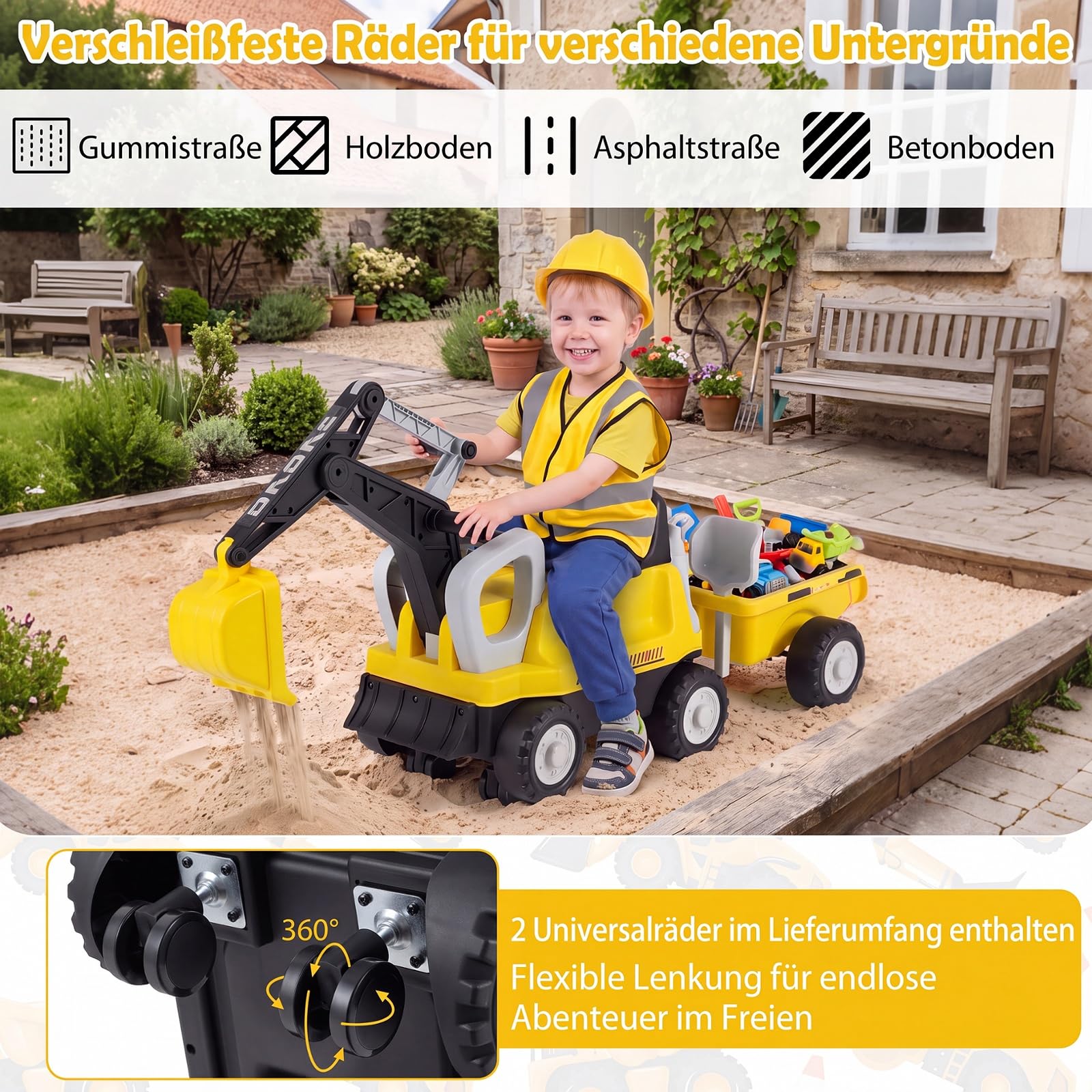 COSTWAY Traktor dziecięcy 2 w 1, koparka dla dzieci, bez silnika