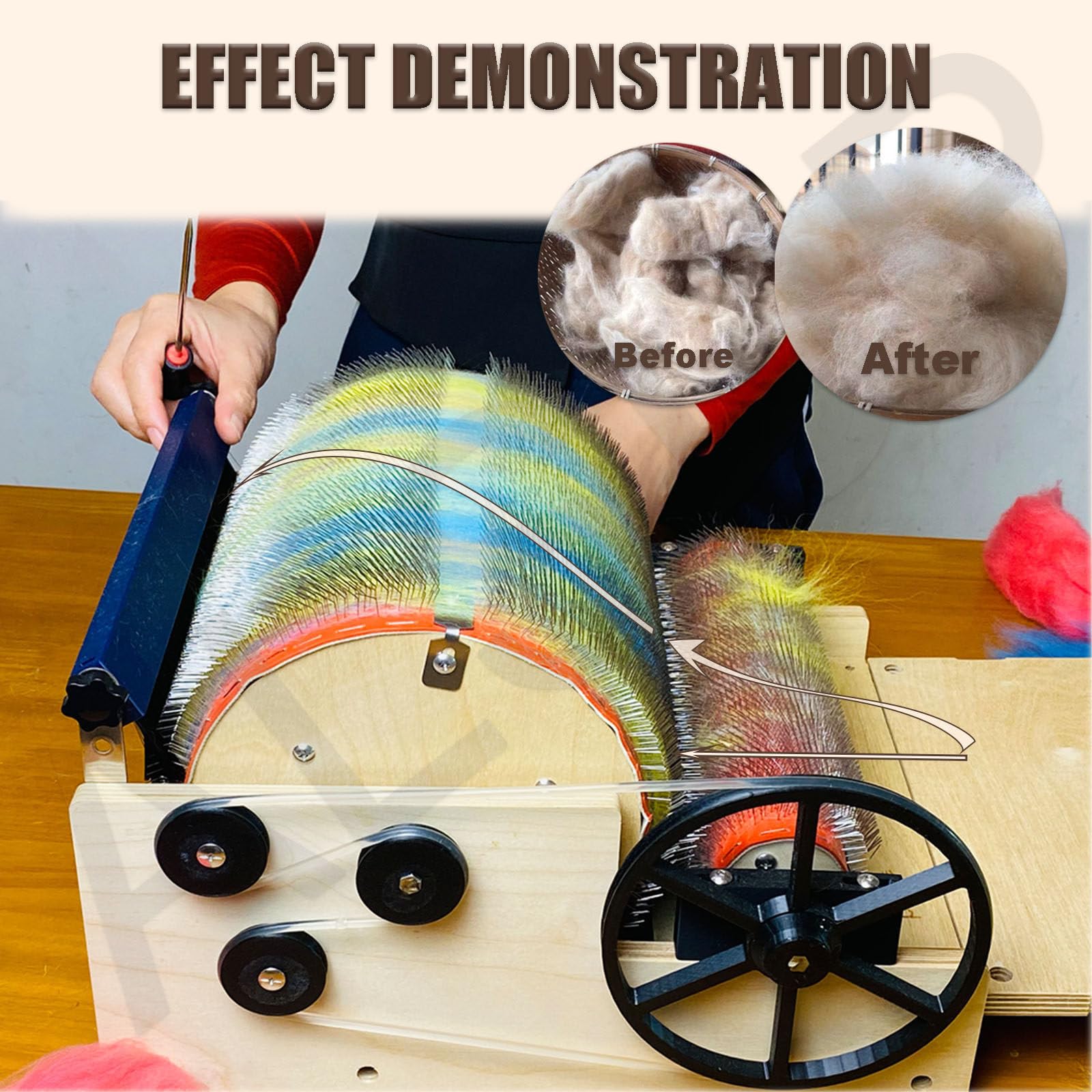 Kardiermaschine für Wolle | Manuelle Wollkardiermaschine | Holztrommel Trommelkarder | Zum Kämmen Mischen Spinnen Filzen | für DIY Filzherstellung & Filztier Bastelprojekte 12cm
