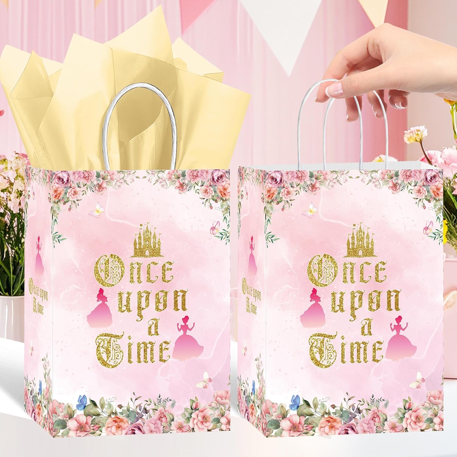 MOIZYNG 16 Pcs Once Upon a Time Princess Party Favor Bags, Pink Floral Gold Castle Goodie Snacks Candy Treat Gift Bag with Tissue Paper for Girls Birthday Wedding Fairytale Party Supplies Decorations - Image 2