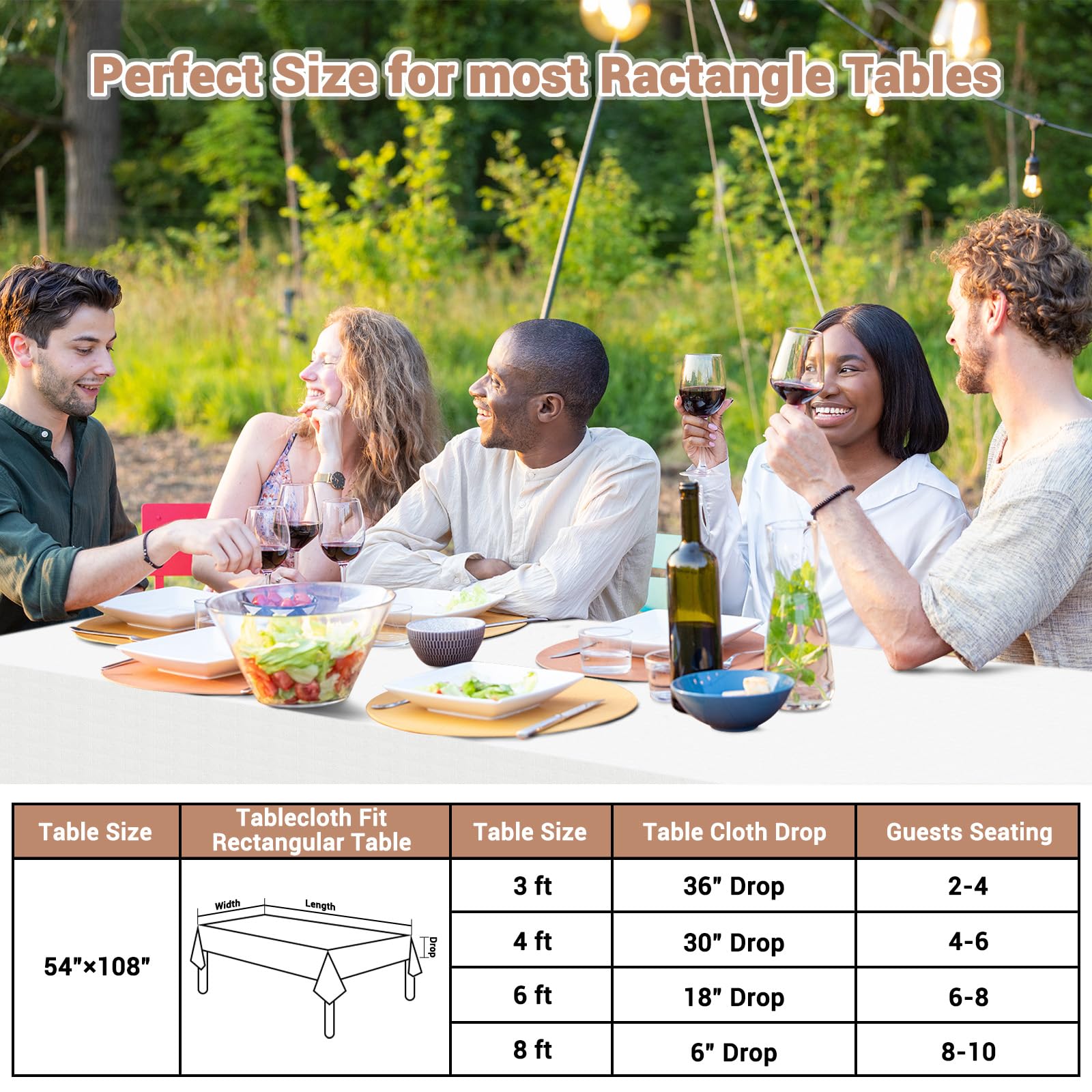Mantel blanco para mesas rectangulares, paquete de 5 unidades, 54 x 108 pulgadas, mantel de papel y plástico para fiestas, cumpleaños, banquetes de boda al aire libre