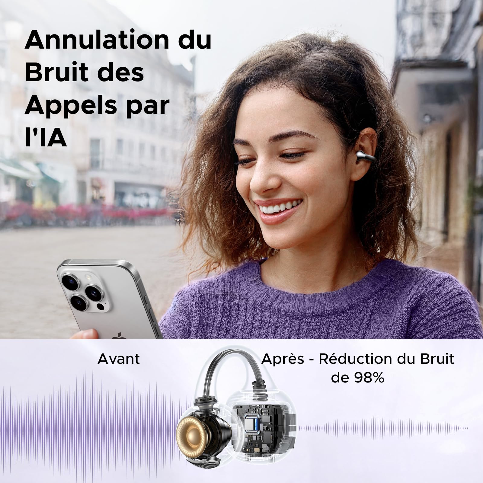 UGREEN HiTune S3 Écouteurs Bluetooth sans Fil Sport Écouteurs Clip Oreille Ouvert ENC DNN Antibruit Bluetooth 5.4 30H Autonomie USB C Charge Étanche à l'eau IPX5 pour Runing Cyclisme Noir