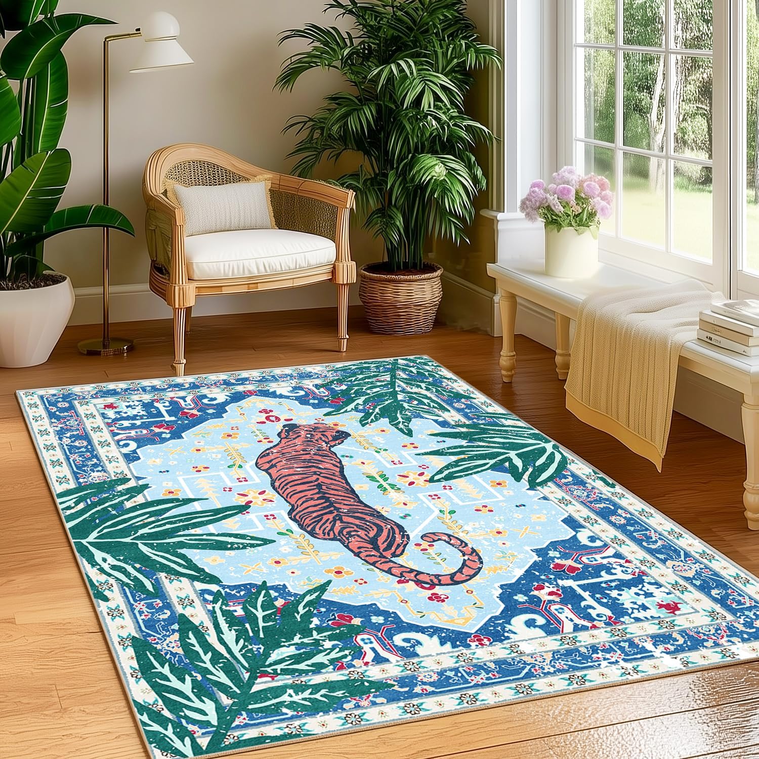 Area Rug 4x6 Tiger Rug Washable Non-Slip Blue Boho Vintage Whimsical Animal Cheetah Print Jungle Rug for Bedroom Boys Room Hallway Soft Cozy Fun Tropical Woodland Carpet for Playroom Laundry Room