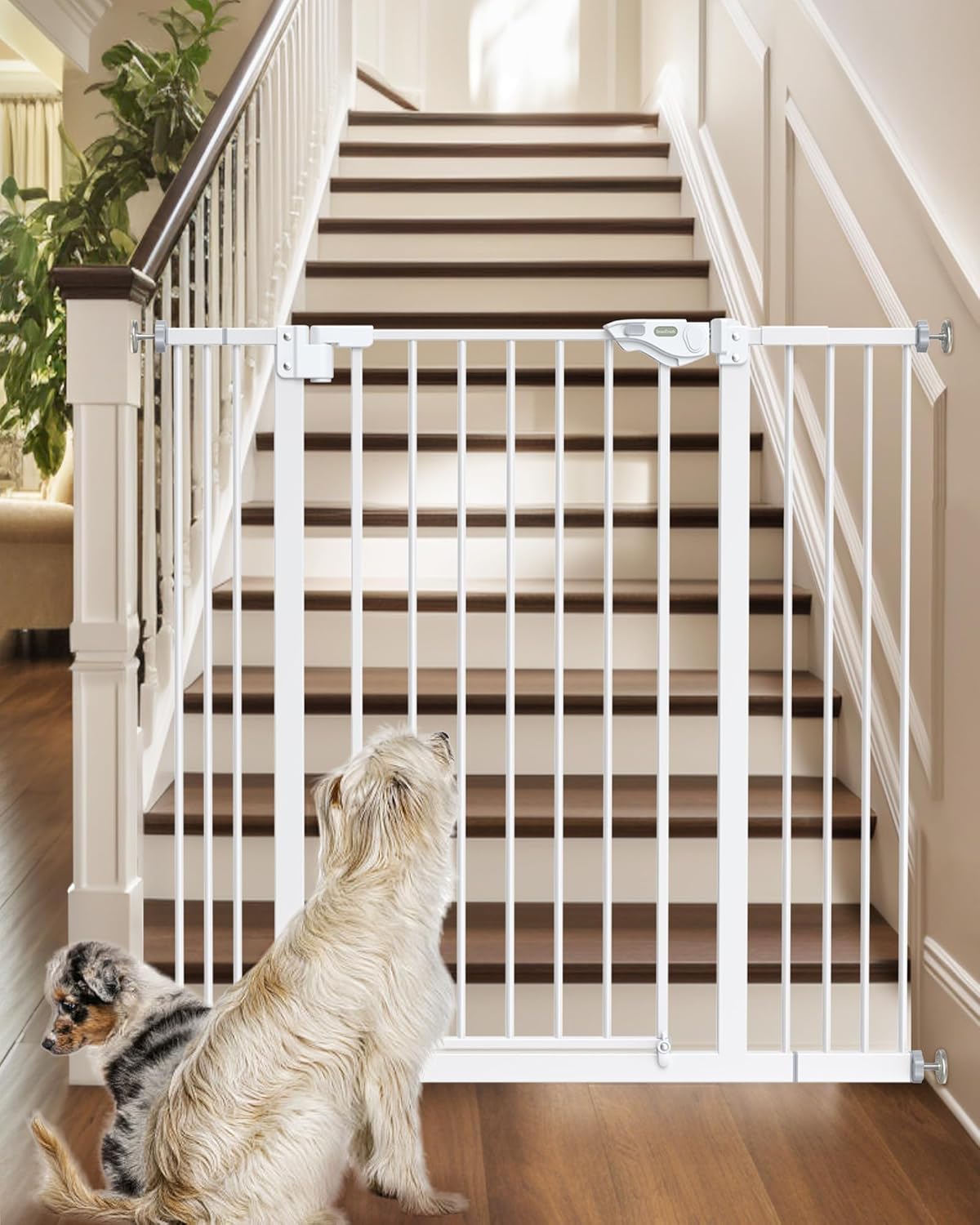 InnoTruth Baby Gate 29–39.6" Wide, 36" Tall Dog Gate for Stairs and Doorways, Pressure Mounted Metal Pet Gate with Dual Lock, Easy Walk-Through and Expandable Design, White White 29-39.6"Wx36"H