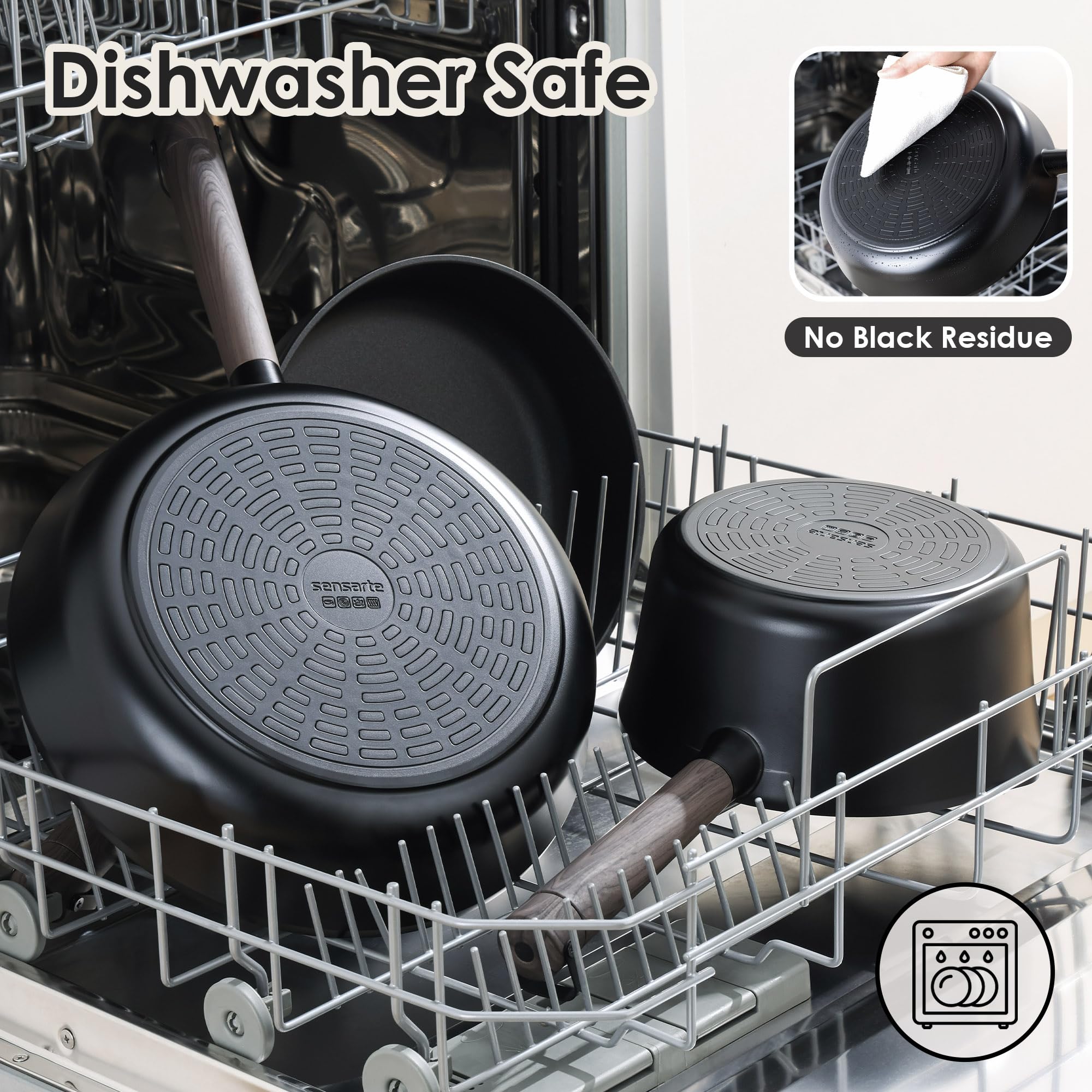 SENSARTE Set di pentole e padelle antiaderenti da cucina non tossico, lavabile in lavastoviglie, compatibile con induzione, senza PTFE/PFOA, 15 pezzi, nero