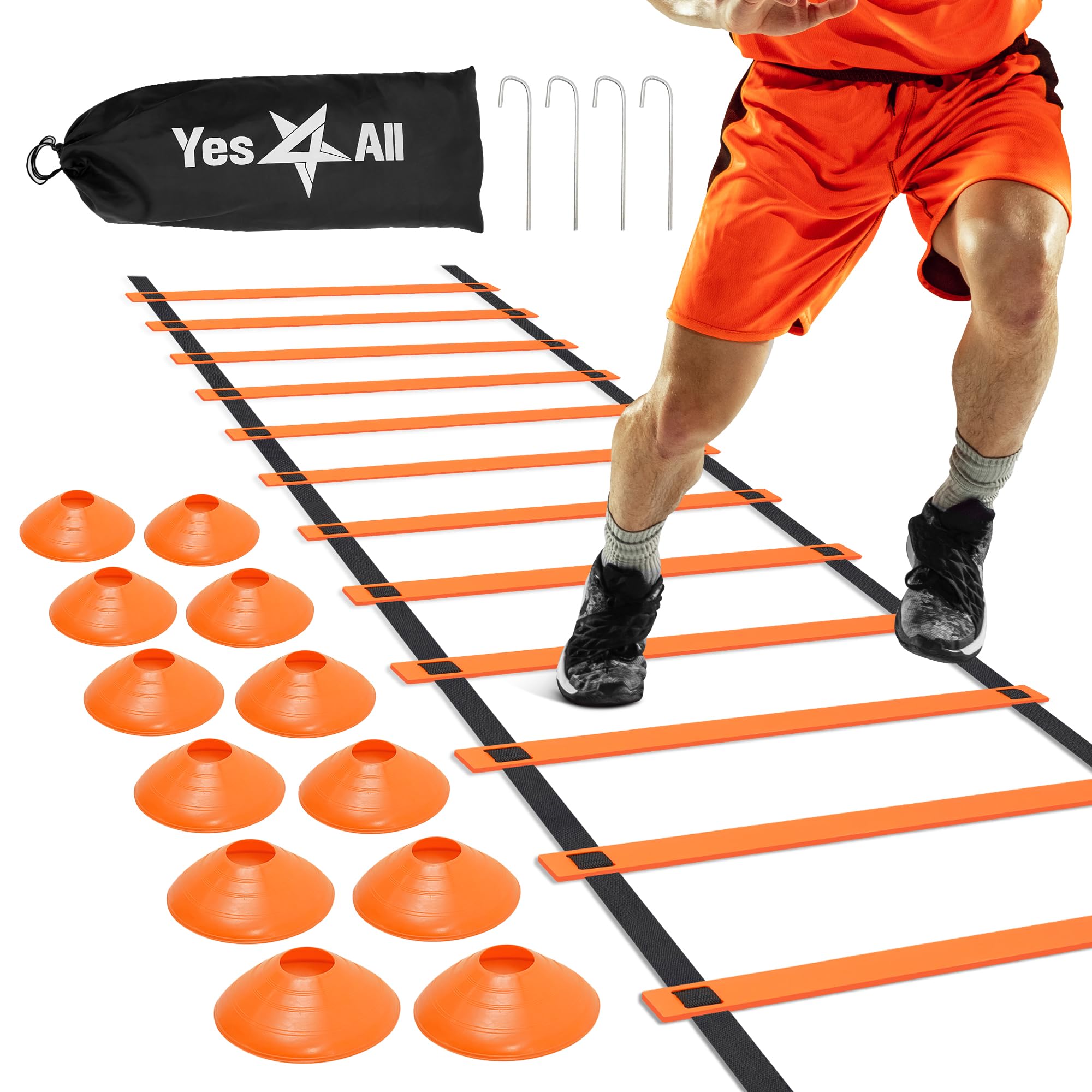 Yes4All 8/12/20 pioli, Fino a 7,6 Metri, Ultimate Agility Ladder Speed Training Equipment con Multi Colori, Borsa per Il Trasporto Inclusa