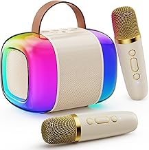 JYX Mini Karaoke Machine for Kids with 2 Wireless Mircophones, Portable Bluetooth 5.3 Karaoke Speaker with Colorful LED Lights, Ideal Gifts for Girls Boys (Beige-2MIC)
