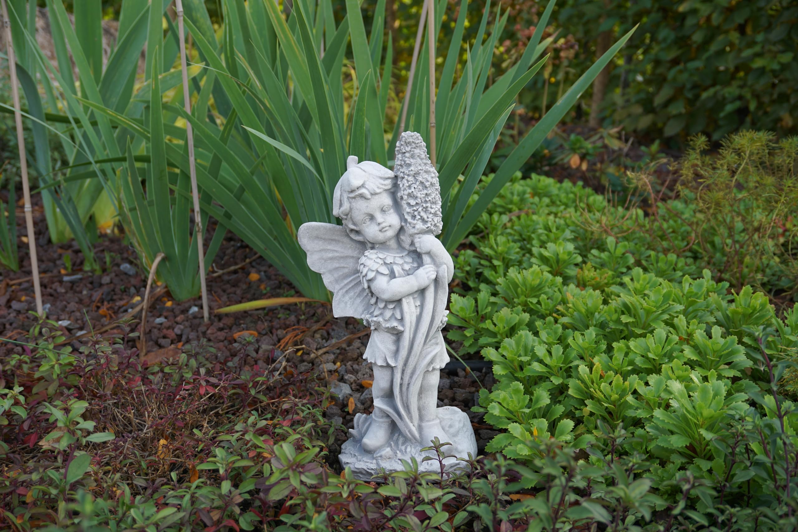 gartendekoparadies.de Elfe mit Hyazinthe, Steinfigur, Grau, Frostsicher aus Steinguss für Außenbereich, H. 32 cm, 3 kg