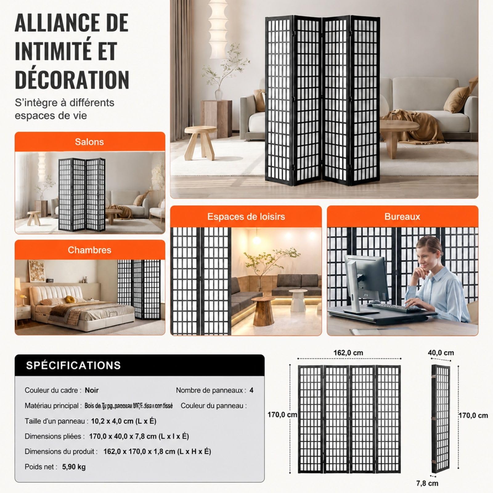 Paravent Japonais à 4 Panneaux en Bois, séparateur de pièce Pliable pour Salon, Chambre et Bureau