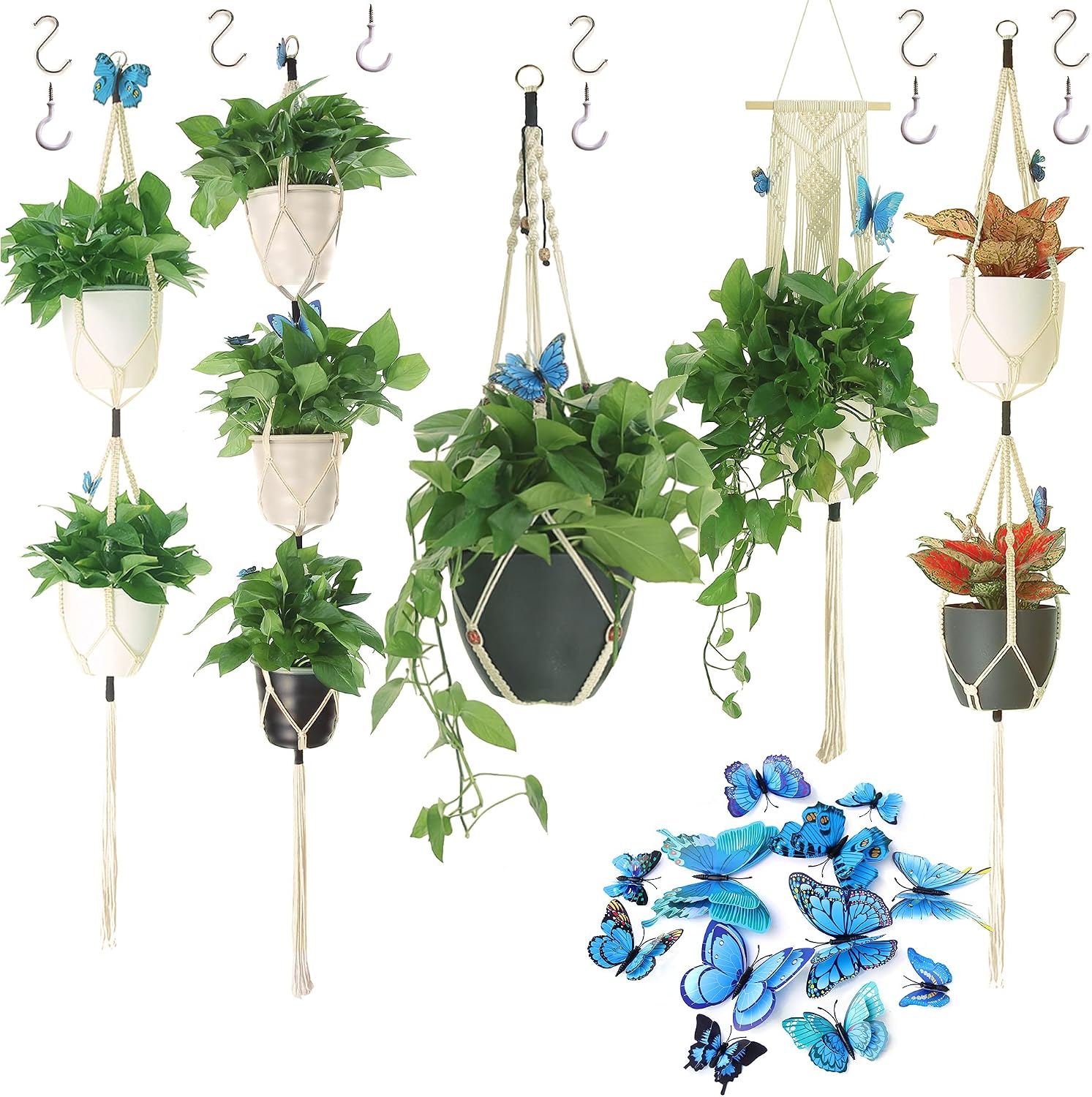 TARUBEAN 5 Pack Large Macrame Plant Hangers Indoor Outdoor Ivory Hanging Plant Holder Hanging Planter Stand Flower Pots for Decorations - Cotton Rope and Wood Beads (5, Lvory)