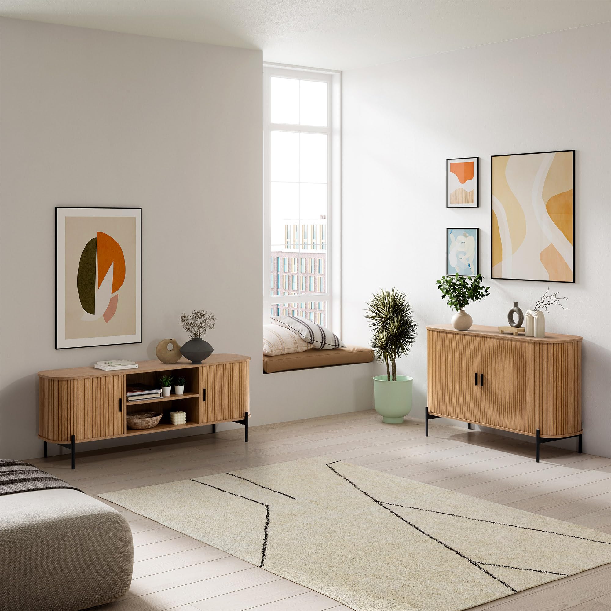 HOMN LIVING Mueble TV Mónaco 2 Puertas 2 Huecos Color Roble, 140 cm (Ancho) 40 cm (Profundo) 55 cm (Altura)