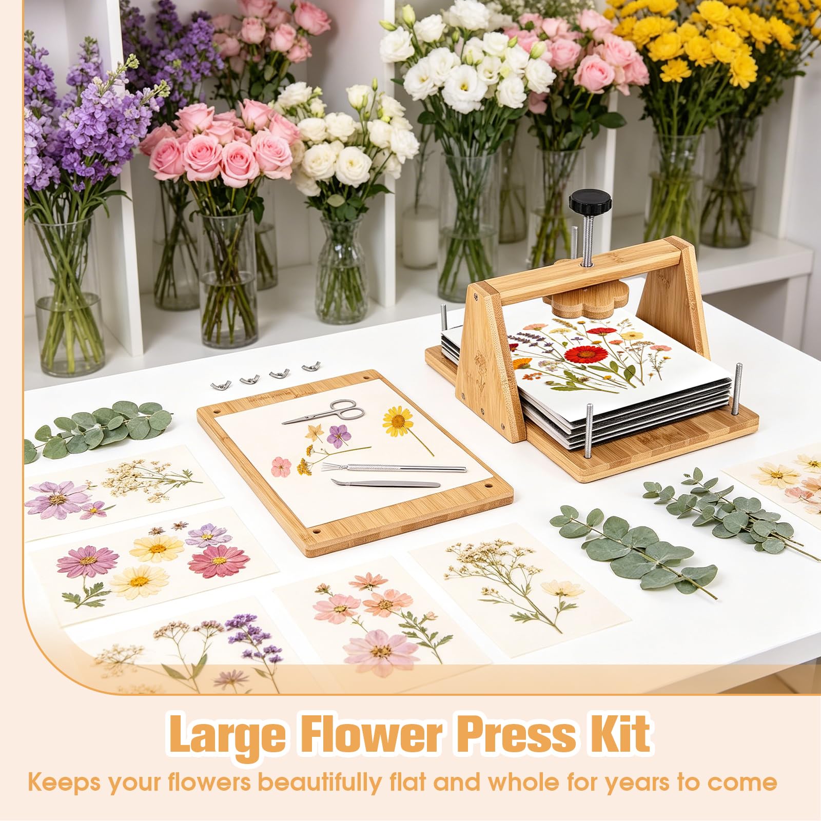 cenoz Blumenpresse-Kit Groß aus Holz für Erwachsene, 30×20cm Pflanzenpresse Set mit Trocknungsplatte, DIY Pressblumen Kit, Blütenpresse & Blumenpresse für Erwachsene, Floristen,Basteln und Dekorieren