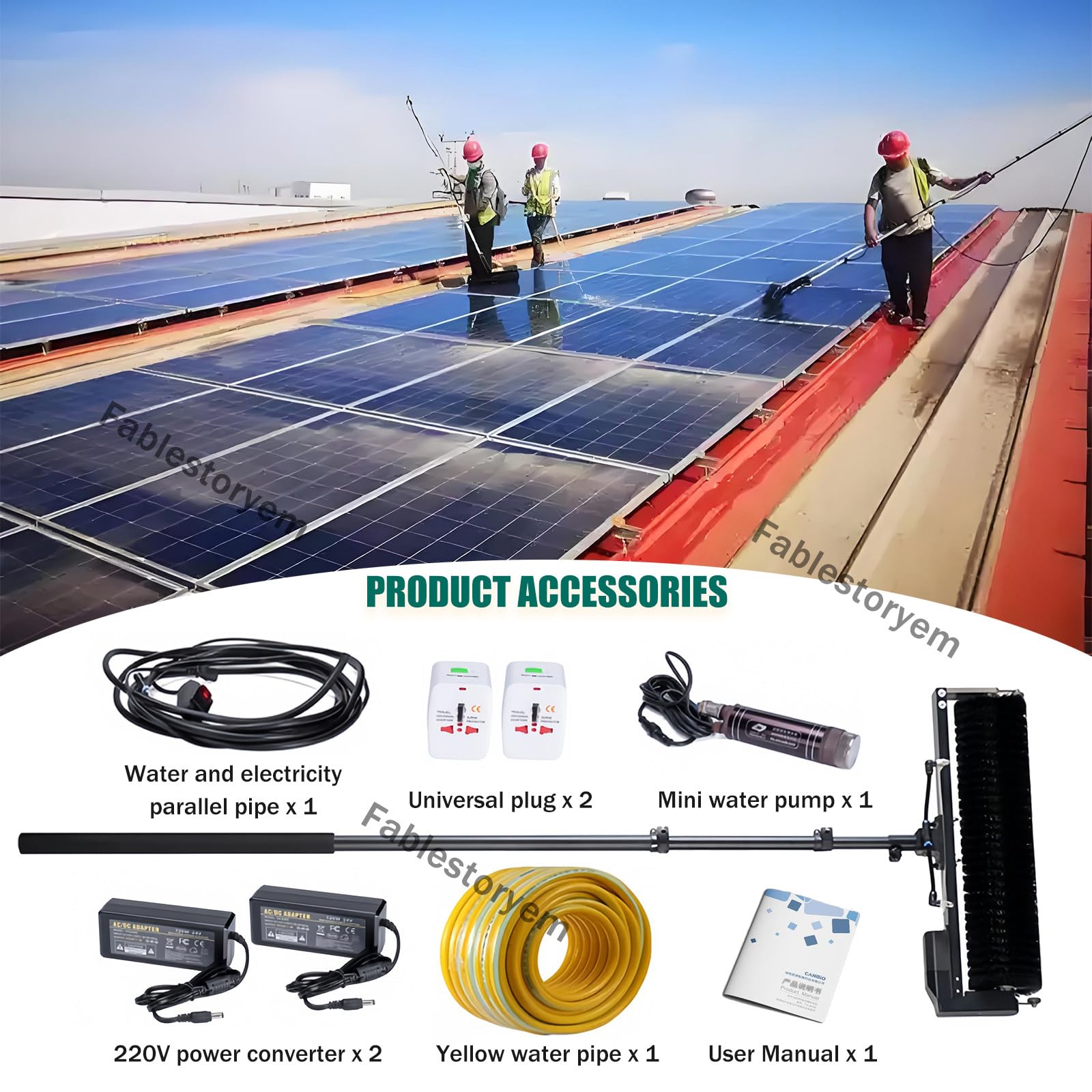 Machine de Nettoyage de Panneaux Photovoltaïques à Tige Télescopique,équipement de Nettoyage Solaire,Kit de Perche Alimentée en Eau Photovoltaïque,Brosse de Nettoyage à Eau Rotative à 360°,7.5M/25Ft