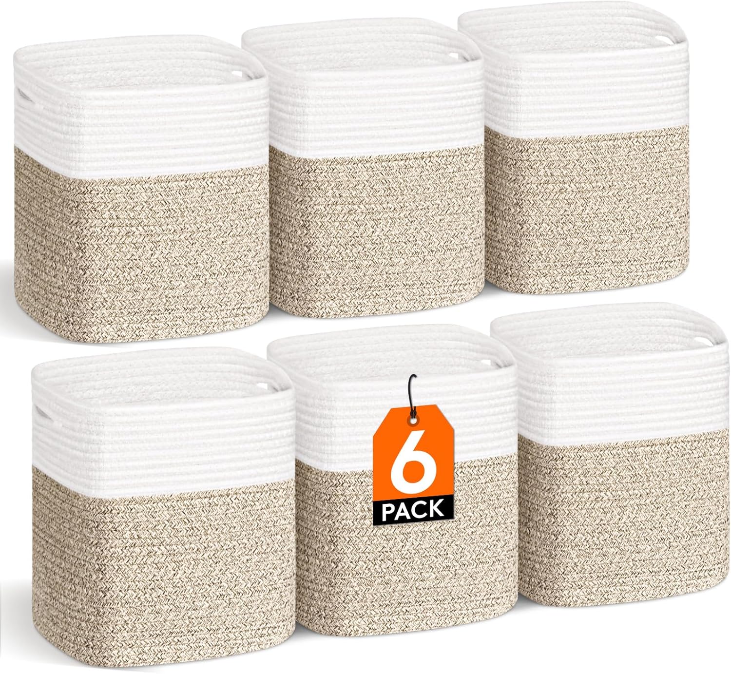 Lifewit 6 Pack Storage Cubes, 11 Inch Cotton Rope Woven Baskets, Foldable Decorative Cube Storage Bins, Hand Storage Box for Organizing Home Organizers with Handles for Shelves, Closet, White & Brown