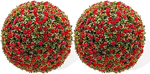 17" Artificial Topiary Balls 2PCS, Flower Topiary Ball Decorative Balls for Outdoor Patio Garden and Indoor, Wedding Decoration, Red