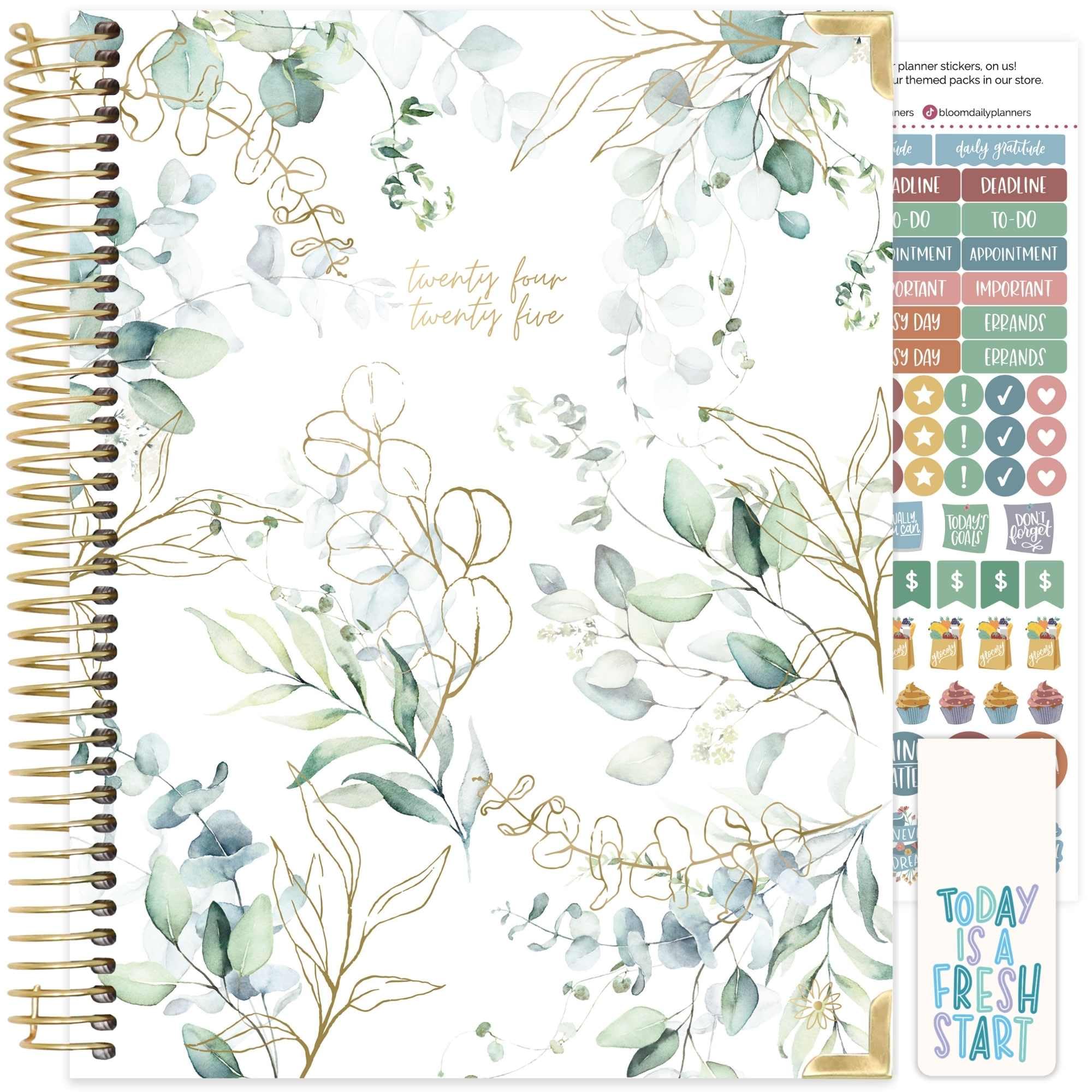 Hardcover, agenda bloom daily planners 2024-2025 (21,6 x 27,9 cm) per anno accademico (luglio 2024 - luglio 2025), organizer per passioni/obiettivi, agenda mensile e settimanale, eucalipto, bianco