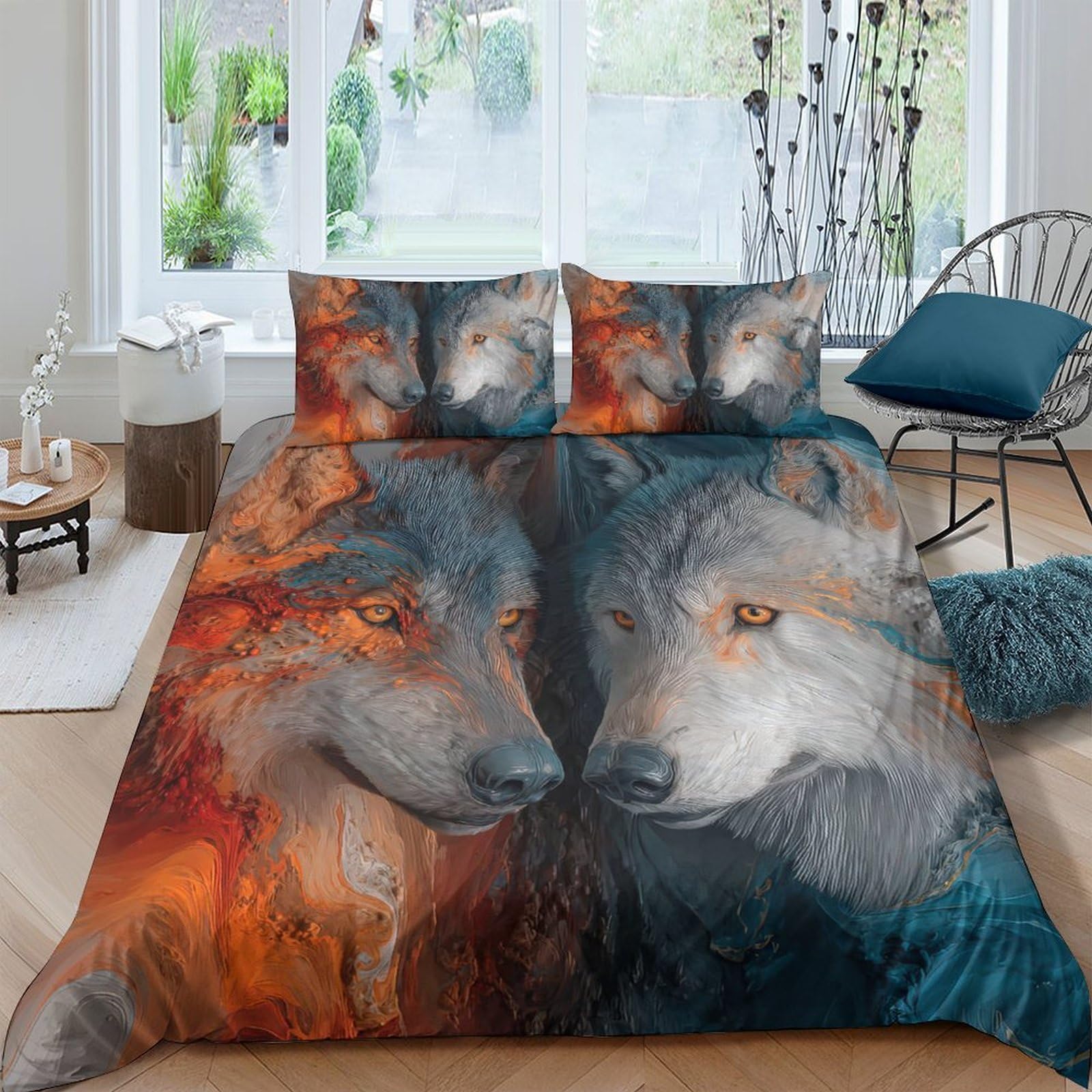 Ctjqhvkz Style-4 3D Printed Wolf Art Fitted Sheet Microfiber Soft Rust Blue Forest Mattress Cover For Bedroom Dorm Decor Single（135X200cm）