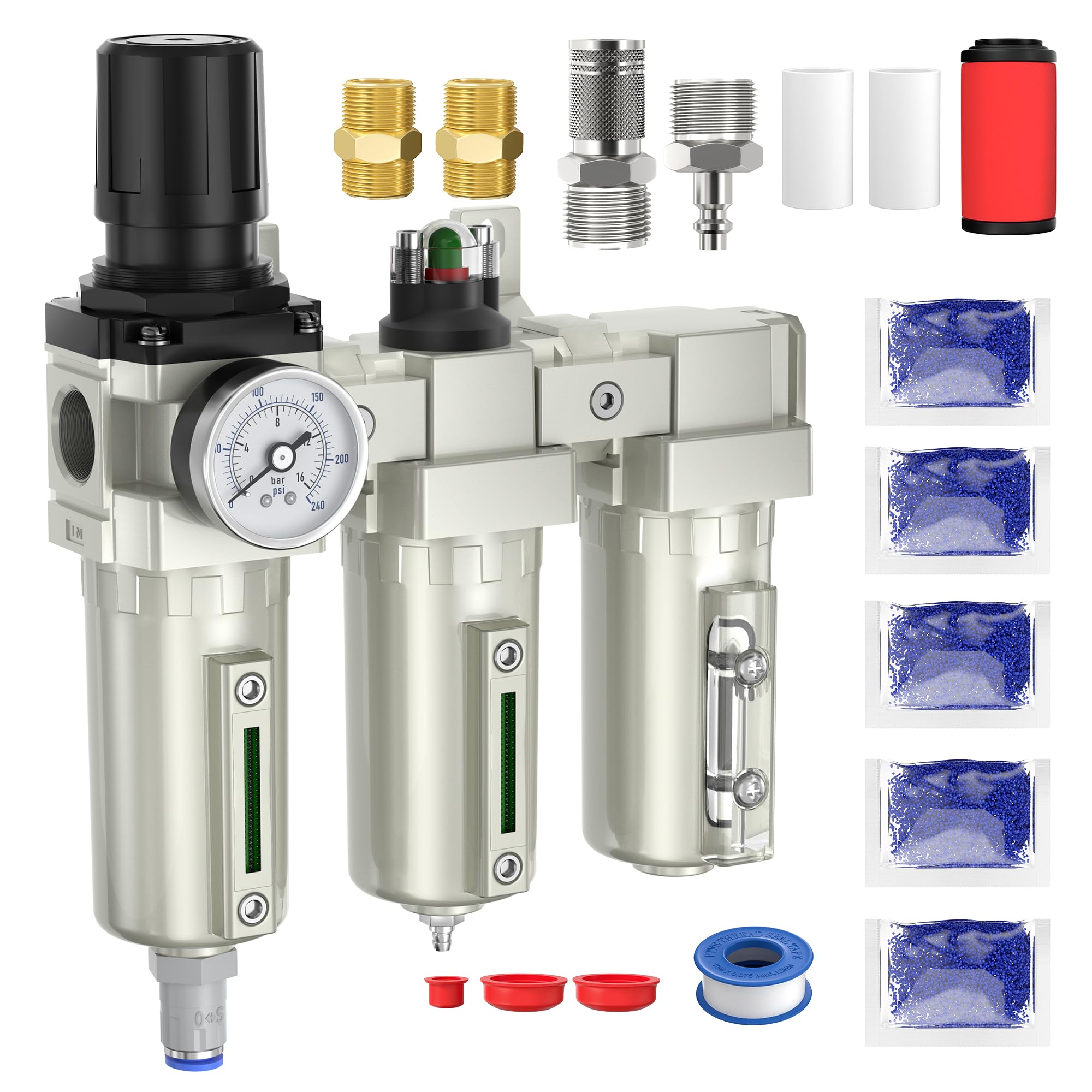 Separador de agua de compresor de aire NPT de 3/4 pulgadas, sistema de secado de aire de 3 etapas de grado industrial con regulador de aire de 0 a 240 PSI, filtro de partículas, filtro coalescente