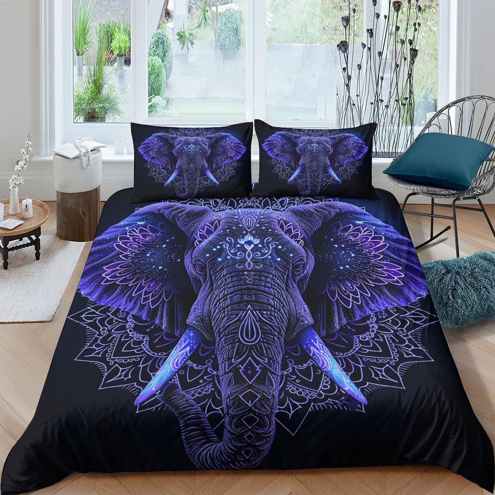 GPLZQXKJNH 3D Printed Purple Elephant Duvet Cover Microfiber Soft Breathable Mandala Bedding Set with 2 Pillowcases for Bedroom Decor Single（135x200cm）