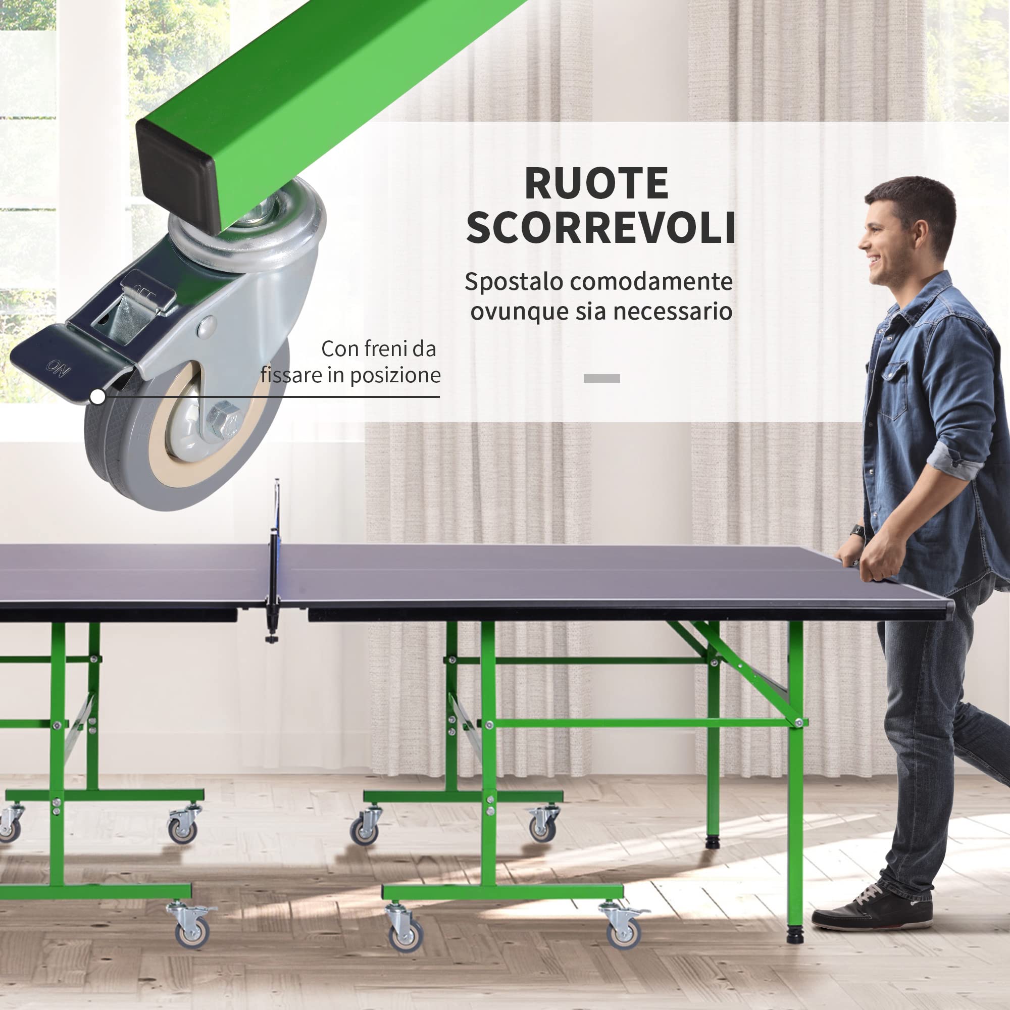 HOMCOM Tavolo da Ping Pong Pieghevole Interno con 8 Ruote 152.5 × 274 × 76cm