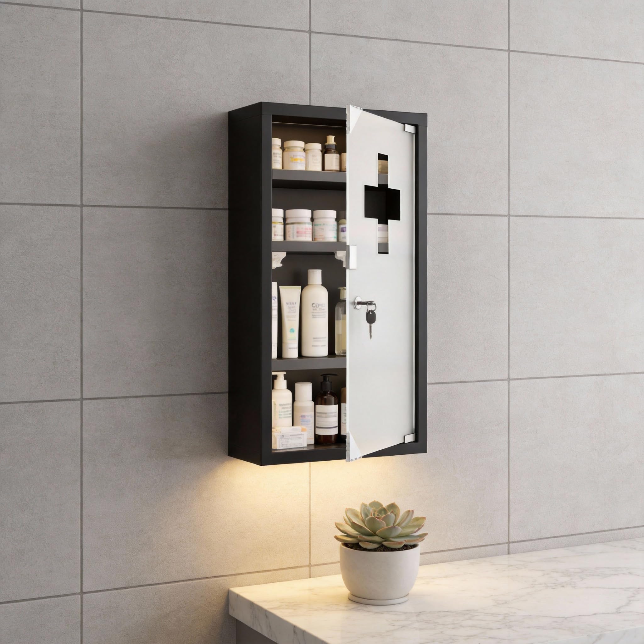 AufuN Armoire à pharmacie en acier inoxydable avec porte en verre, de nombreux compartiments pour la maison (4 compartiments, noir)
