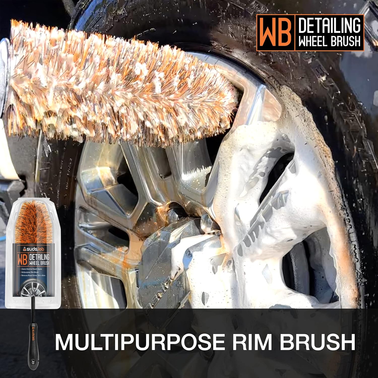 Suds Lab WB Wheel Cleaning Brush - Multipurpose Rim and Wheel Brush - Clean Hard to Reach Spots - 15" Total Length