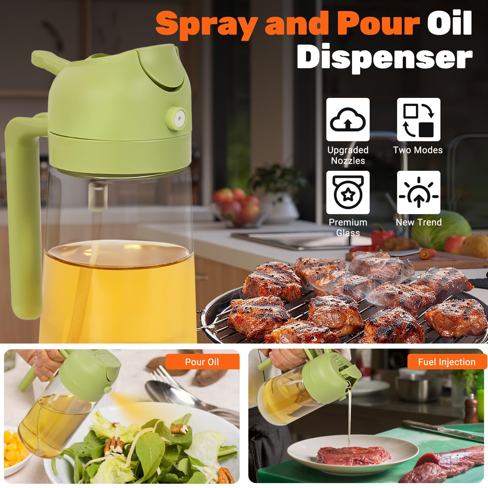 CJT Botella dispensadora de aceite para cocina, pulverizador de aceite de oliva 2 en 1 y dispensador de aceite, botella de spray de aceite de 470 ml para cocinar, cocina, barbacoa, freidora de aire,