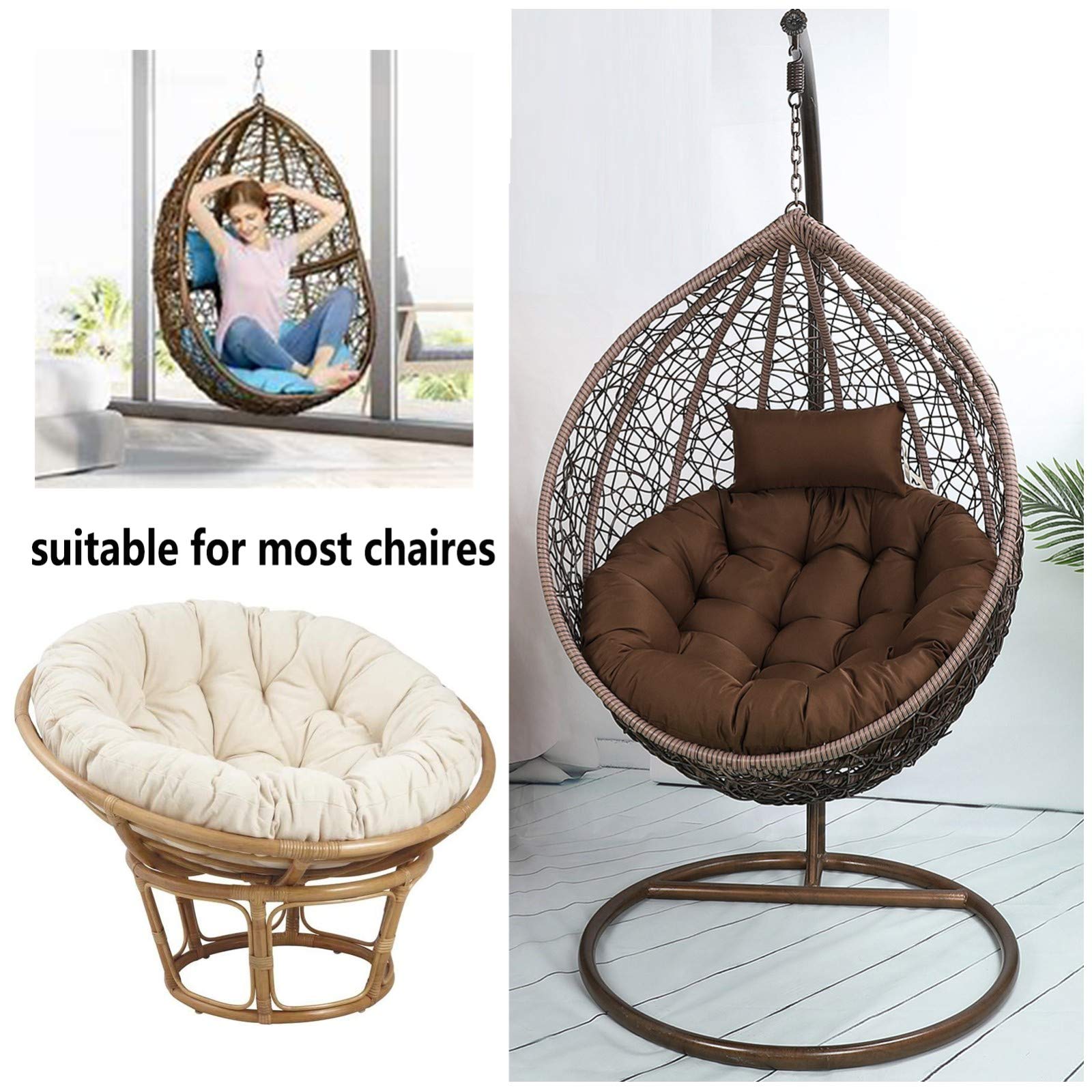 Coussin Rond pour Fauteuil Rotin, éPais Coussin pour Fauteuil Suspendu Exterieur Jardin, Lavable Coussin de Chaise Suspendue, AntidéRapant Coussin pour Hamac Chaise SuspenduBeige