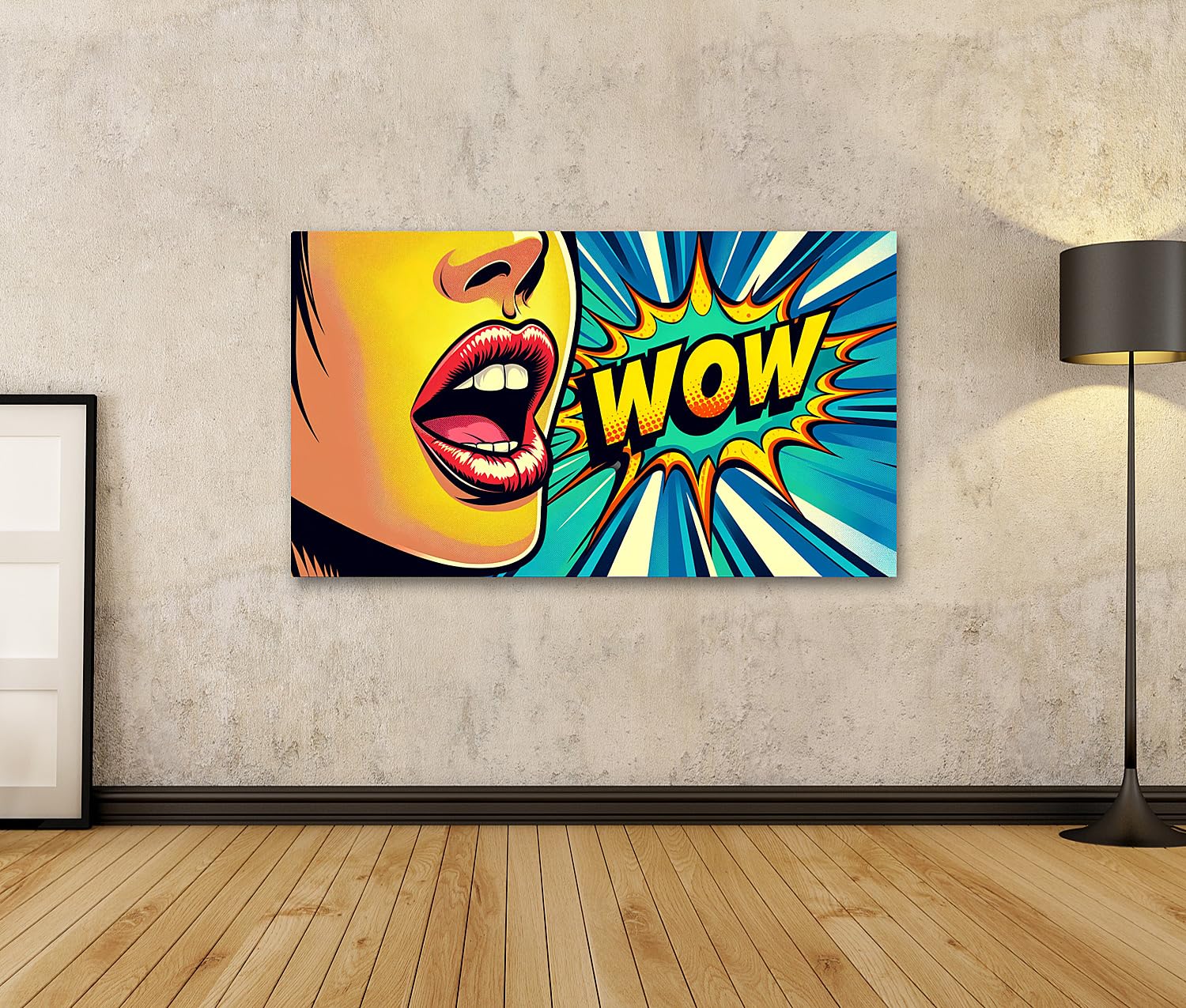 islandburner Quadro su tela con bocca pop art dice 'WOW' in stile fumetto immagini murali poster
