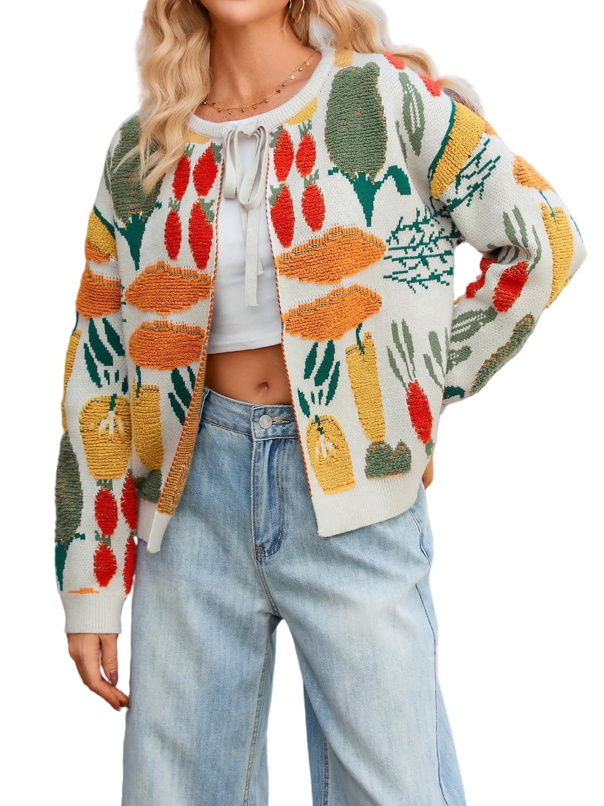 Womens Embellished Cardigan Sweater Tie Front Oversized Long Sleeve Open Front Y2K Knit Cardigans