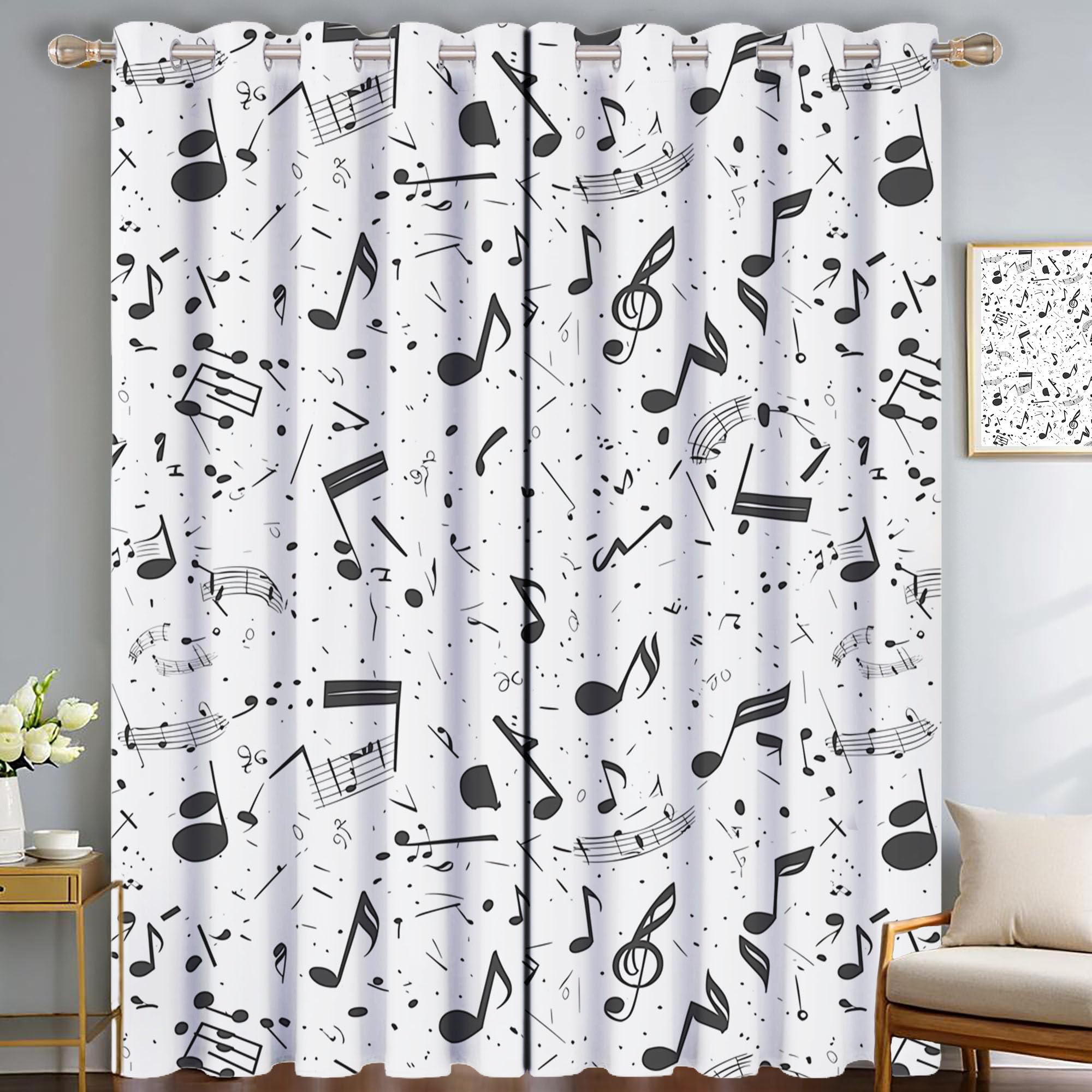Cortinas Infantiles Niña Niño Habitacion Opacas para Blanco Negro Notas Musicales Dibujos Animados Póster Geométrico 140Anx225Al Cm Cortinas Salon Dormitorio Juvenil 2 Piezas Cortina Opacas Termicas