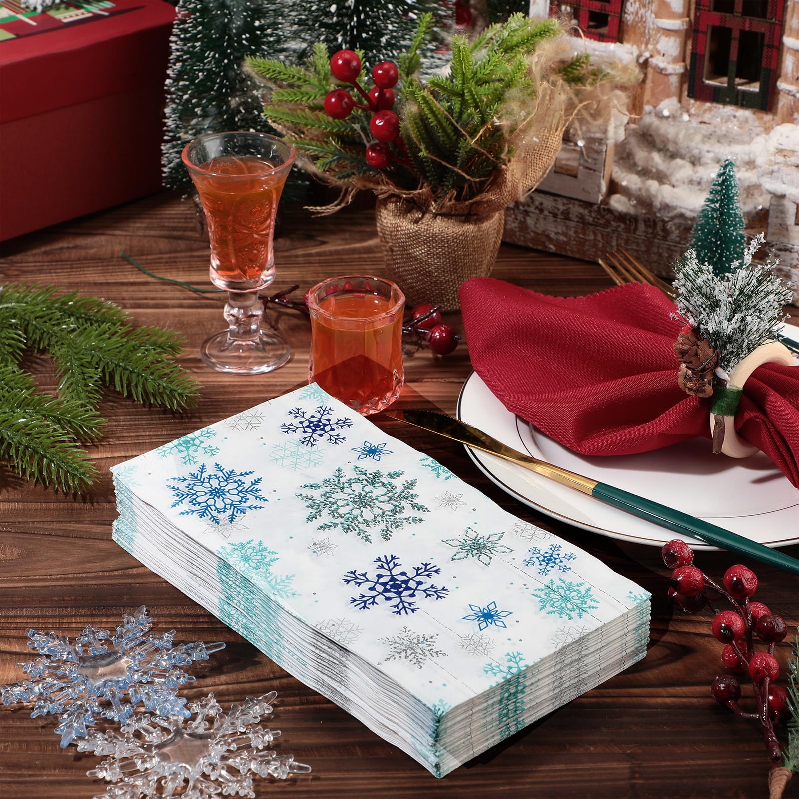 PerKoop 200 servilletas de papel de Navidad, servilletas de copo de nieve, con temática de nieve, toalla de mano desechable, servilletas decorativas para cena, servilletas de invitados para Navidad