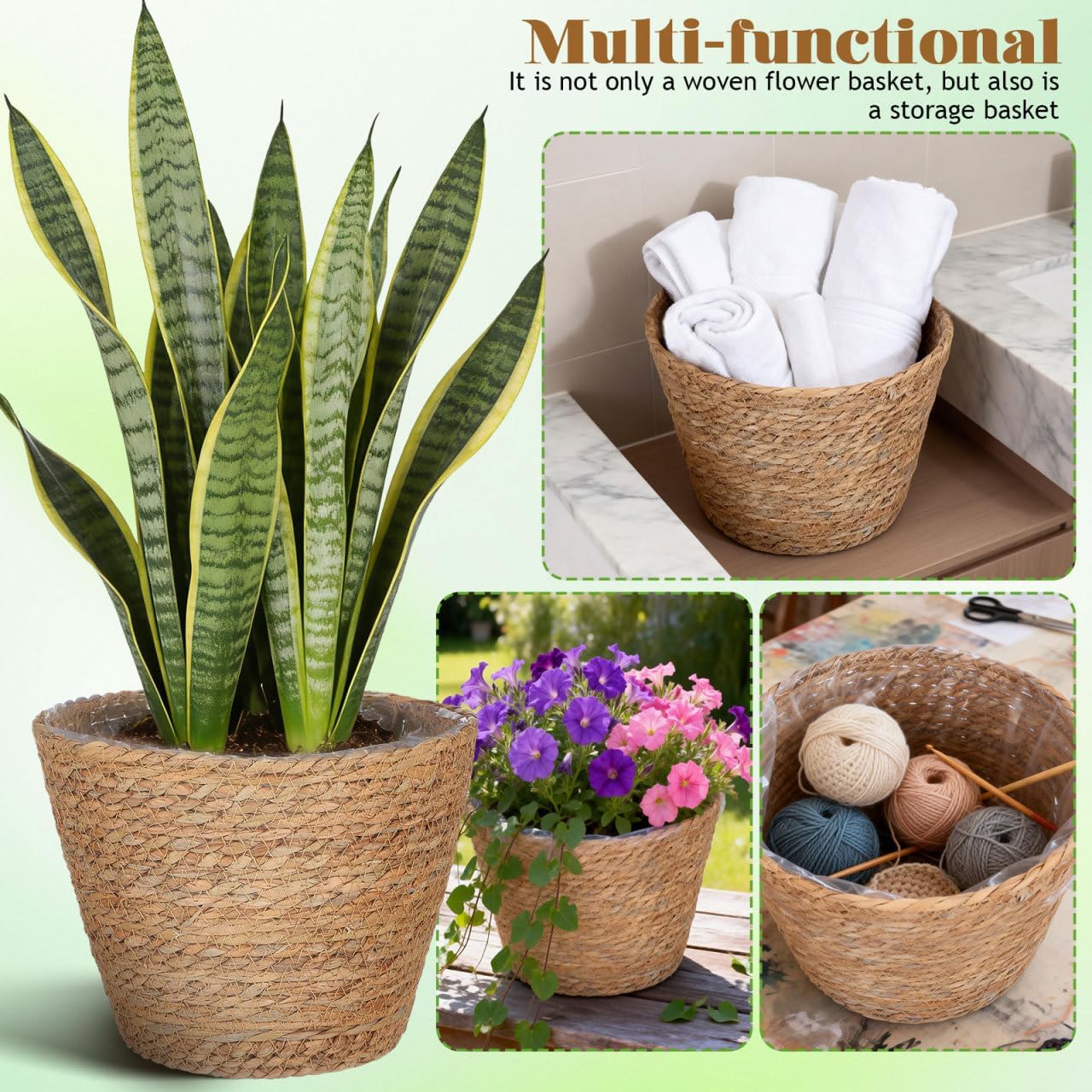 Healifty Woven Plant Baskets with Liner: 2Pcs Round Wicker Seagrass Planter Pots Rattan Straw Baskets Covers for Indoor Outdoor Flower Plants Rustic Home Farmhouse Garden Decor 9.05 X 9.05 X 6.49''