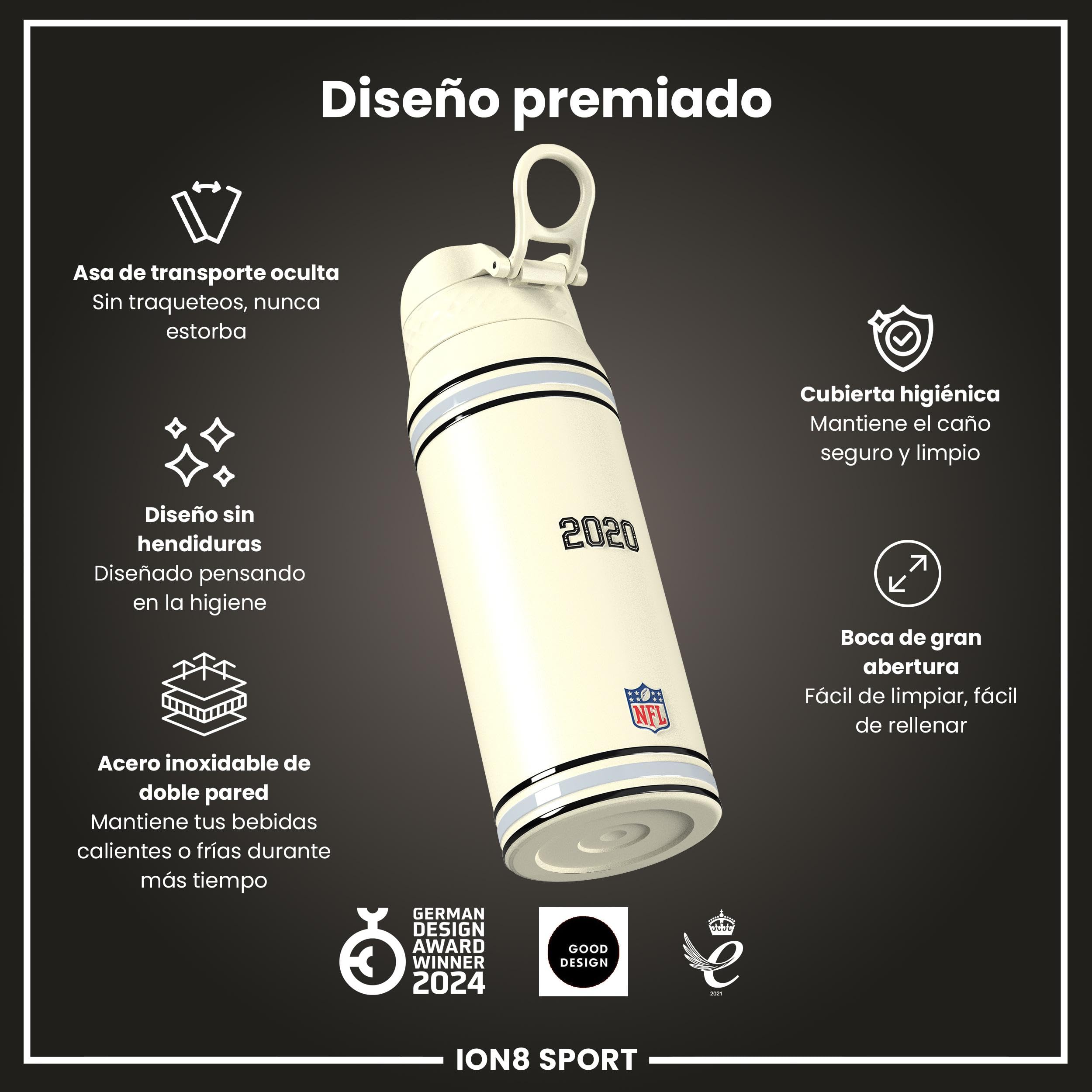 ion8 NFL Botella a Prueba de Fugas, Fácil de Abrir, Cerradura Segura, Asa de Transporte, Aptas para Lavavajillas, Acero Inoxidable, Ideal para Deportes