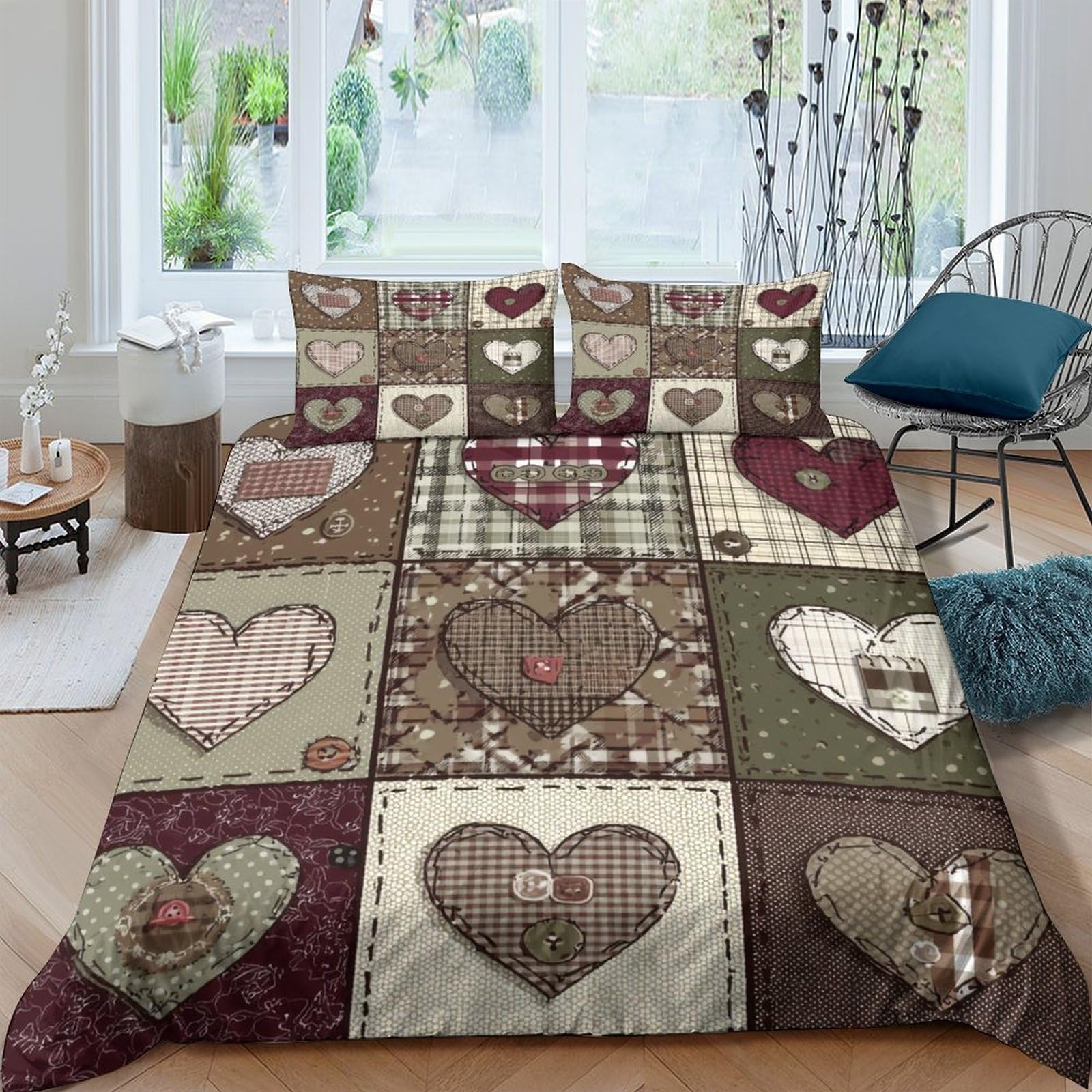 GPLZQXKJNH 3D Printed Patchwork Heart Duvet Cover Microfiber Soft Breathable Rustic Love Quilt Cover Set with 2 Pillowcases for Bedroom Decor Single（135x200cm）