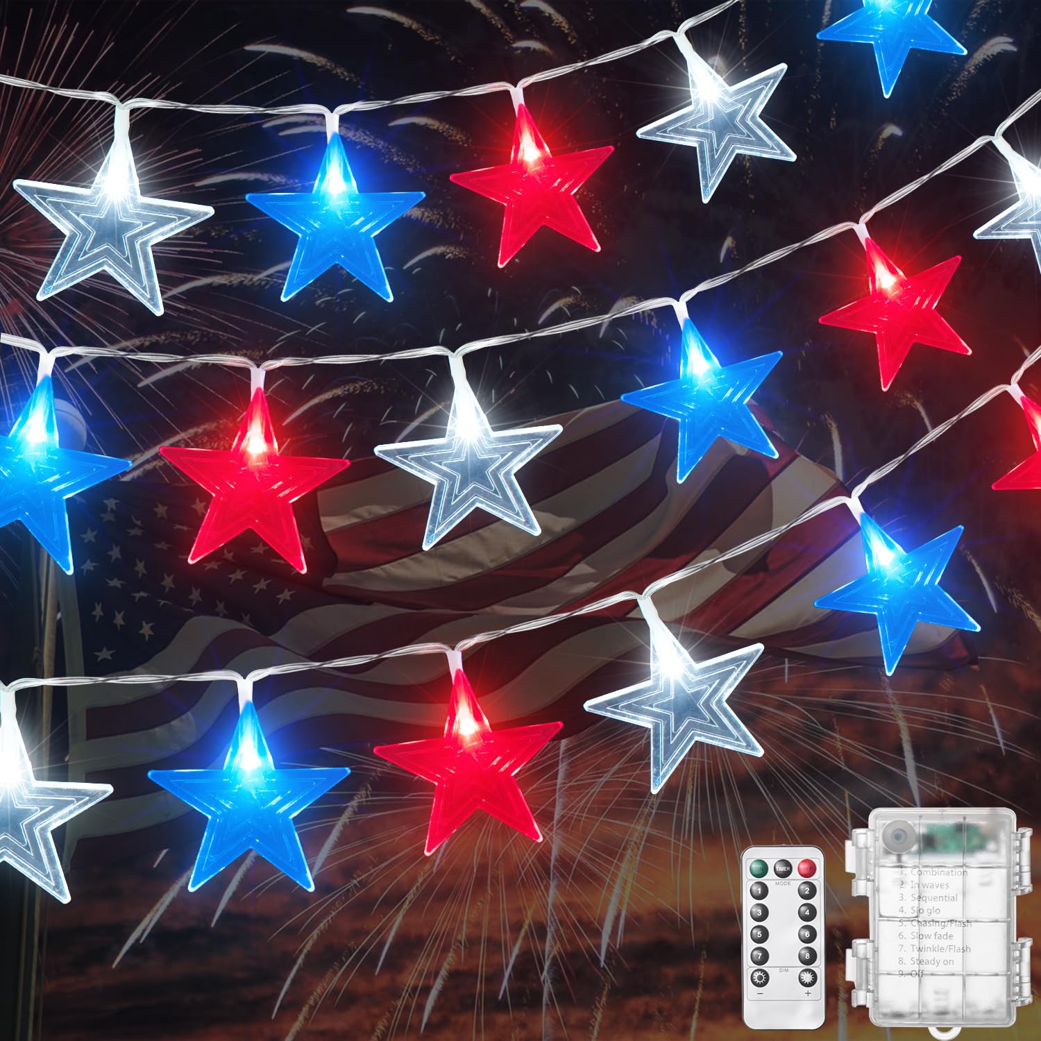 4th of July Decorations Battery Operated Red White and Blue Lights, 30 LED 10FT Big Star Patriotic Lights with Timer & Remote for Indoor Outdoor Home Bedroom Memorial Day Decor