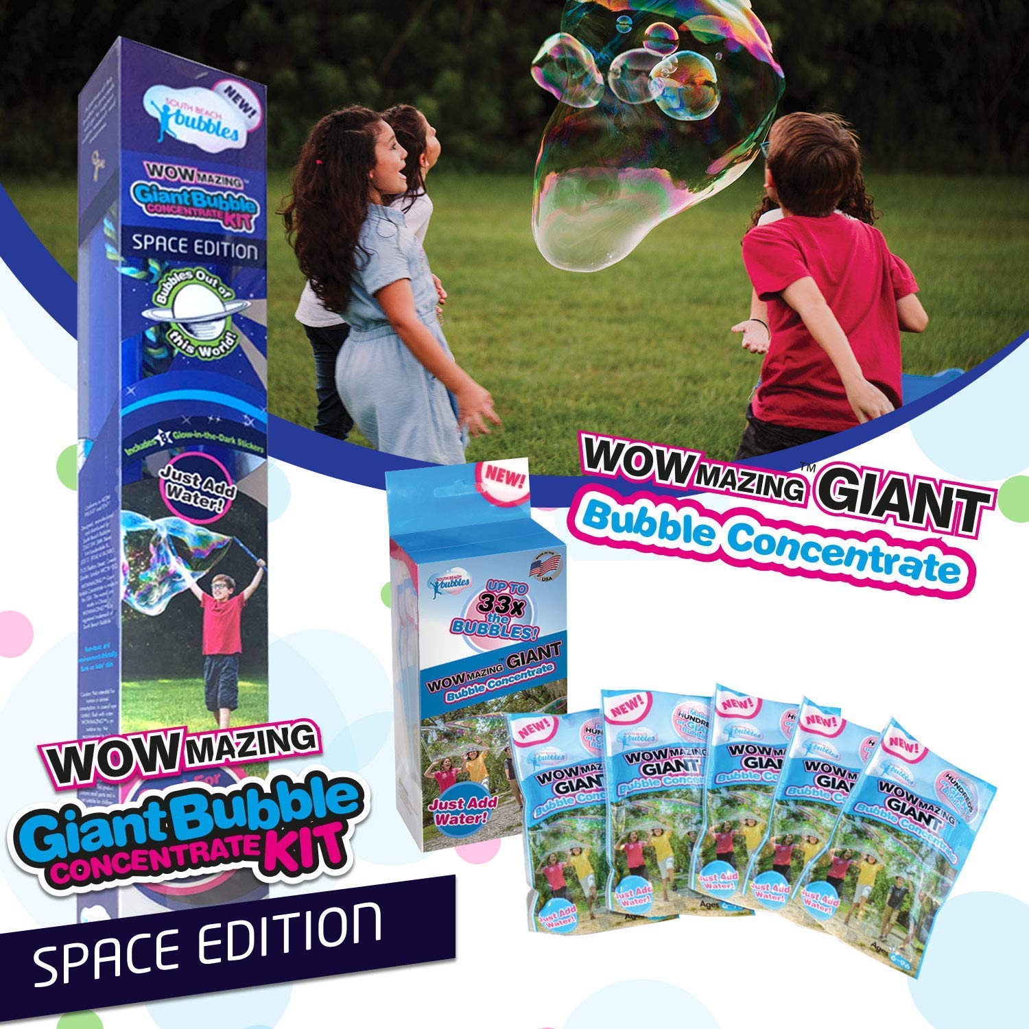 WOWMAZING Space-Themed Giant Bubble Kit - Includes Wand, 7 Bubbles Concentrate Pouches & 8 Glow-in-The-Dark Stickers | Outdoor Bubble Toy for Kids | Bubbles Made in USA