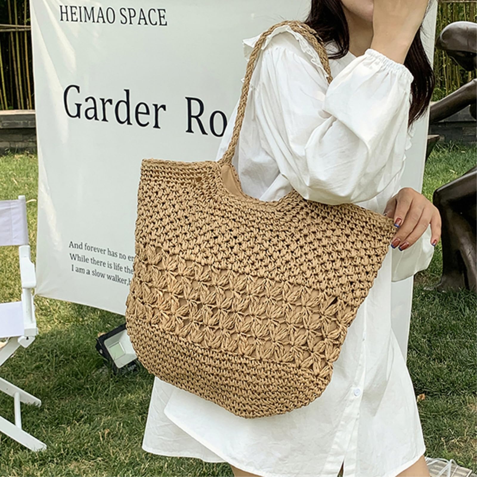 Borsa Spalla Paglia Raffia all'Uncinetto A Apertura Floreale, di Spiaggia Estiva Grande Capacità-creamy-white-37x2x45cm