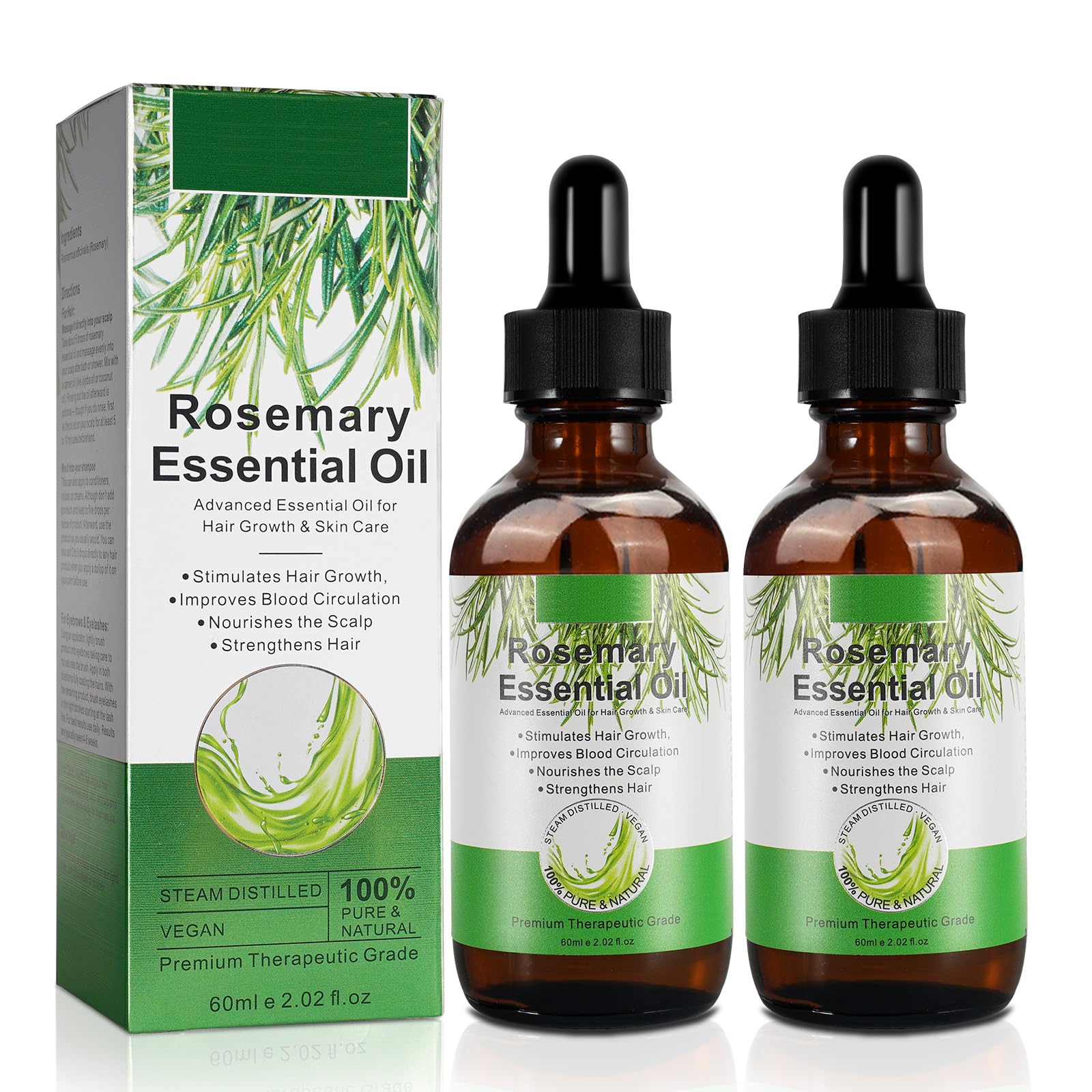 2 Pack Rosemary Oil for Hair Growth, Natural Essential oil with Aromatic Experience, Organic Pure Rosemary Essential Oil for Beard Growth, Eyelash
