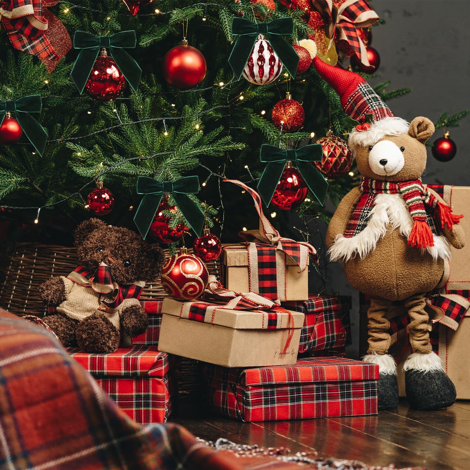 24 lazos de Navidad de terciopelo verde para árbol de Navidad y corona, 3.5 x 3.5 pulgadas, lazos de cinta de nailon de alta calidad con lazo de alambre giratorio, decoración de boda