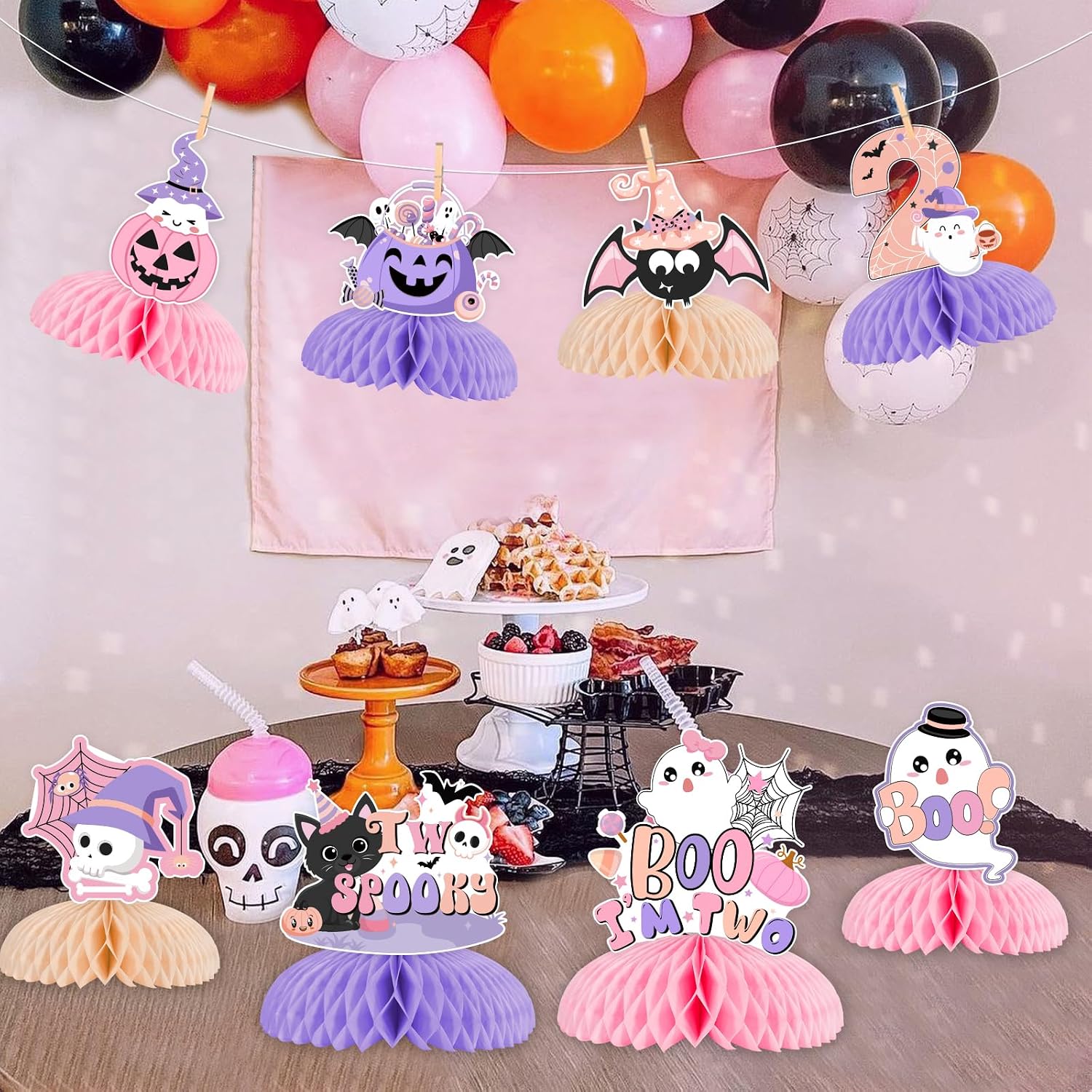 Pink Purple Halloween 2nd Birthday Decorations Girl 8pcs Halloween 2nd Birthday Honeycomb Centerpieces Table Decoration Two Spooky Birthday Decoration Table Topper Halloween Second Birthday