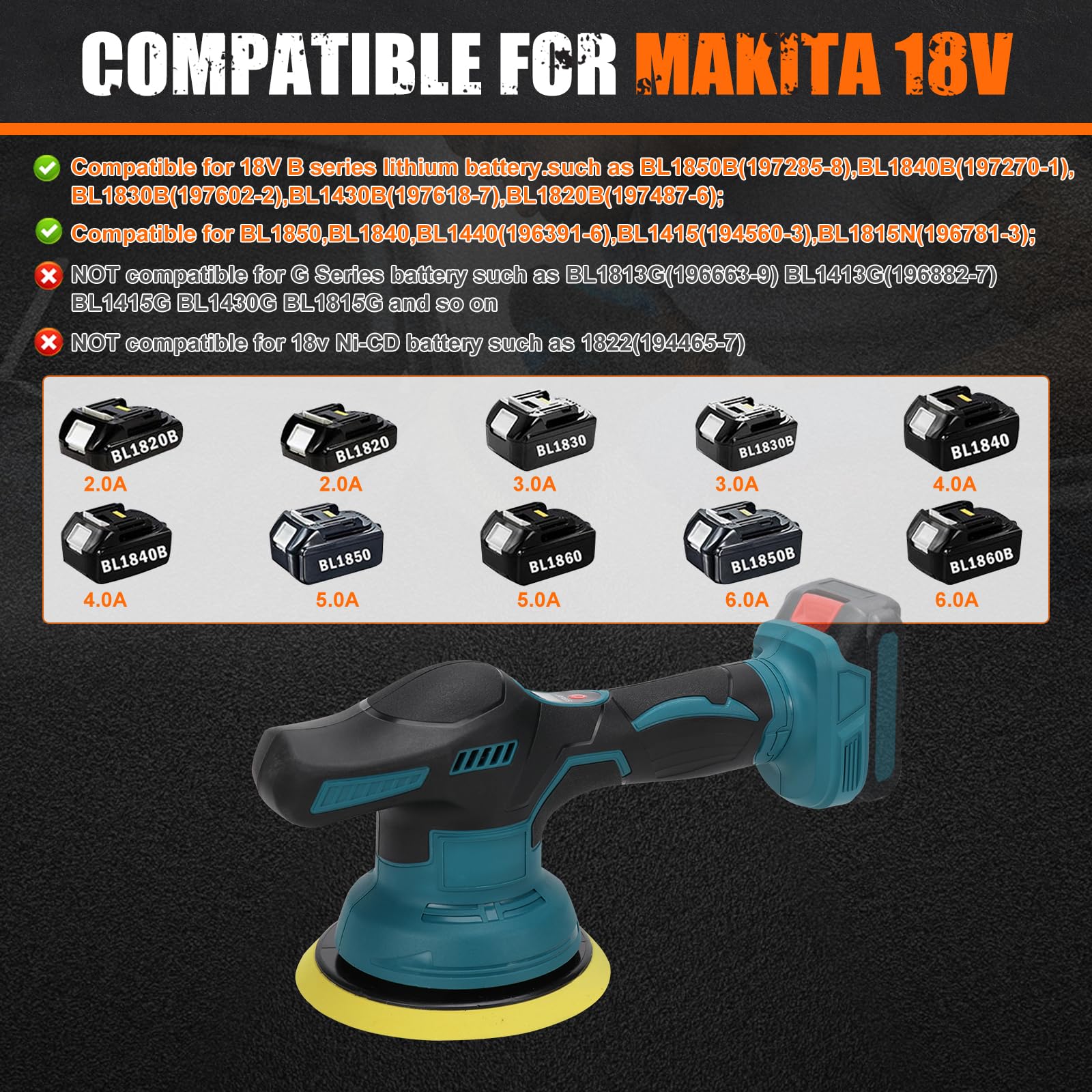 Pulidora Coche compatible con Makita de 18V batería, 8 Velocidad Variable, Pulidora Inalambrica con 12 accesorios, para Encerar y Eliminar Arañazos del Coche (sin batería ni cargador)