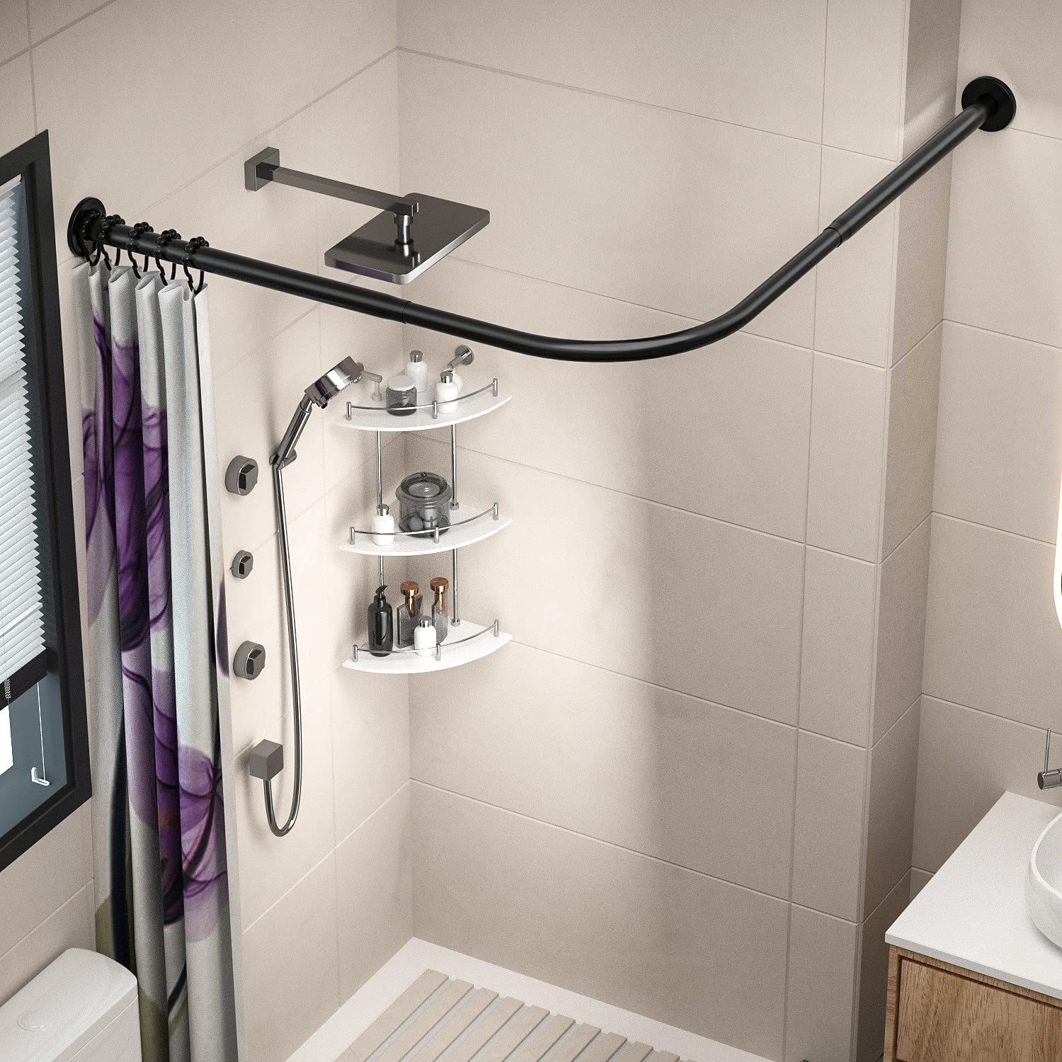 Asta angolare per tenda da doccia, regolabile, in acciaio inox, a forma di L, installazione senza trapano, per bagno, vasca da bagno, negozio di abbigliamento (nero, 70-100 cm x 70-100 cm)