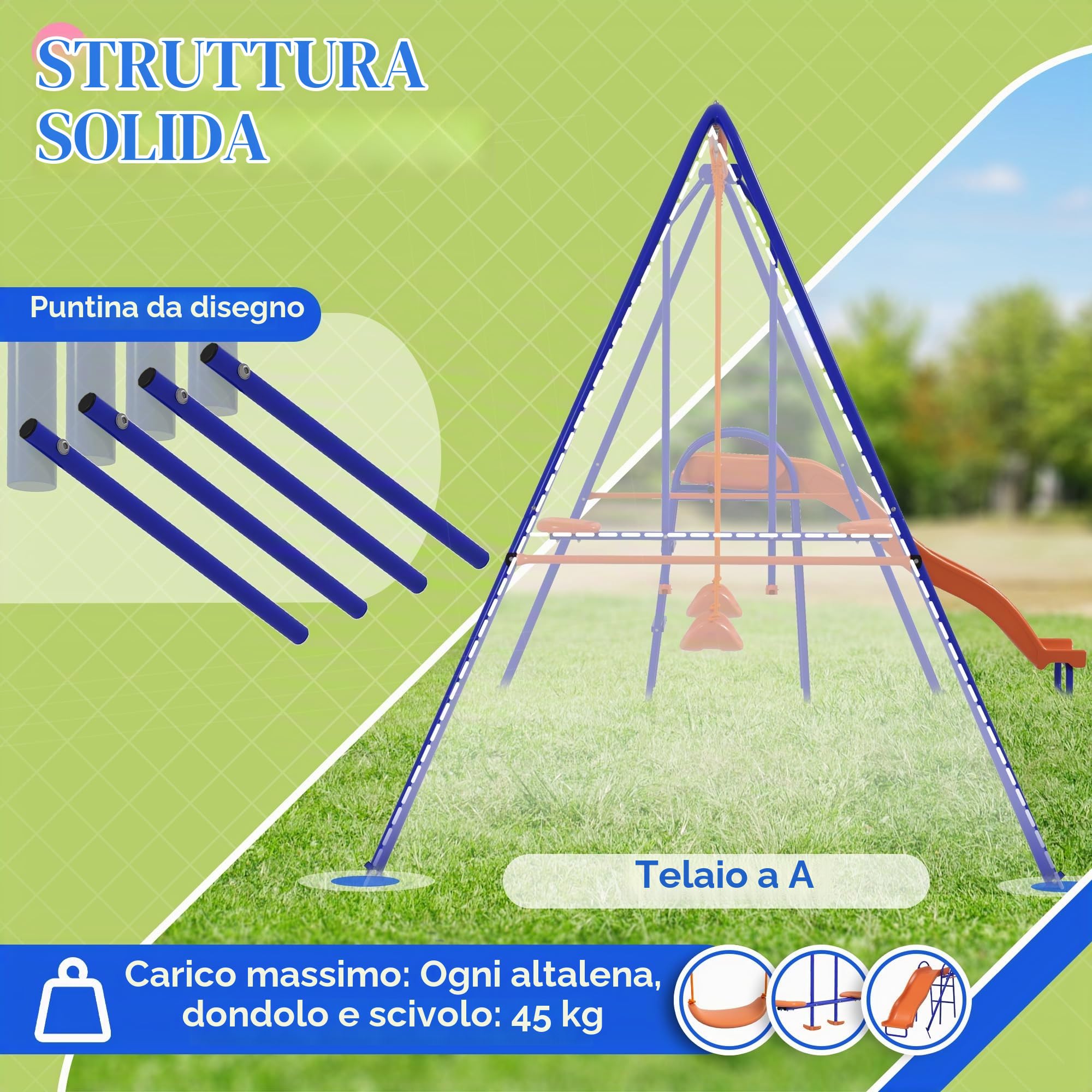 Outsunny Set altalena 4 in 1 metallo giardino per bambini 3-8 anni