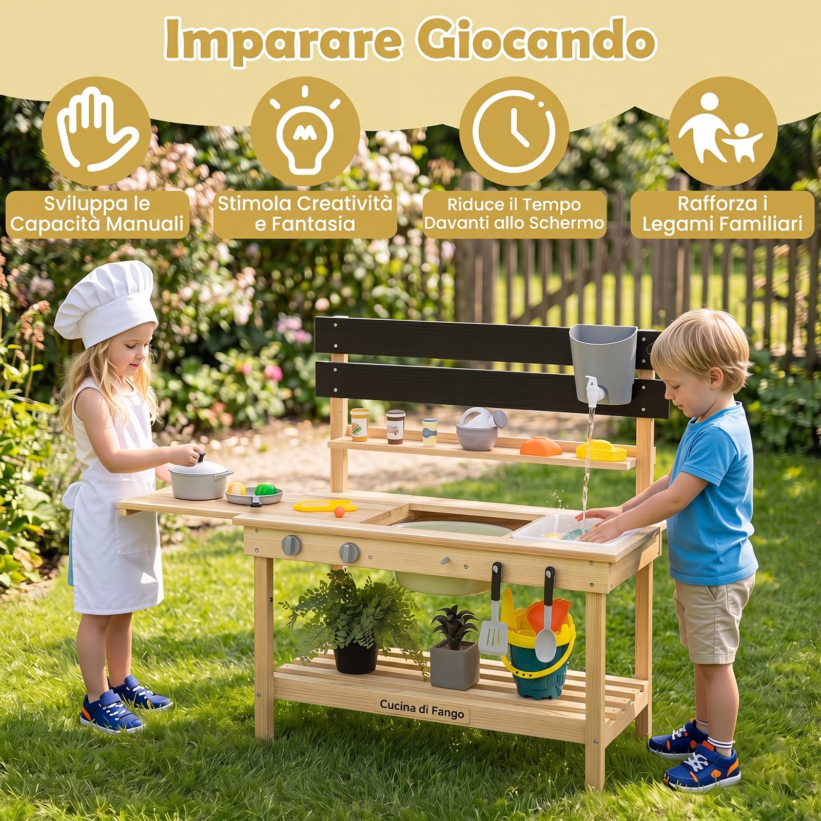 COSTWAY Cucina Giocattolo in Legno Massello per Bambini 3+ Anni, Cucinetta da Esterno per Giocare Sabbia, Acqua, Gioco Montessori con Piano Allungabile, Lavagna, Vari Utensili e Spazio di Stoccaggio
