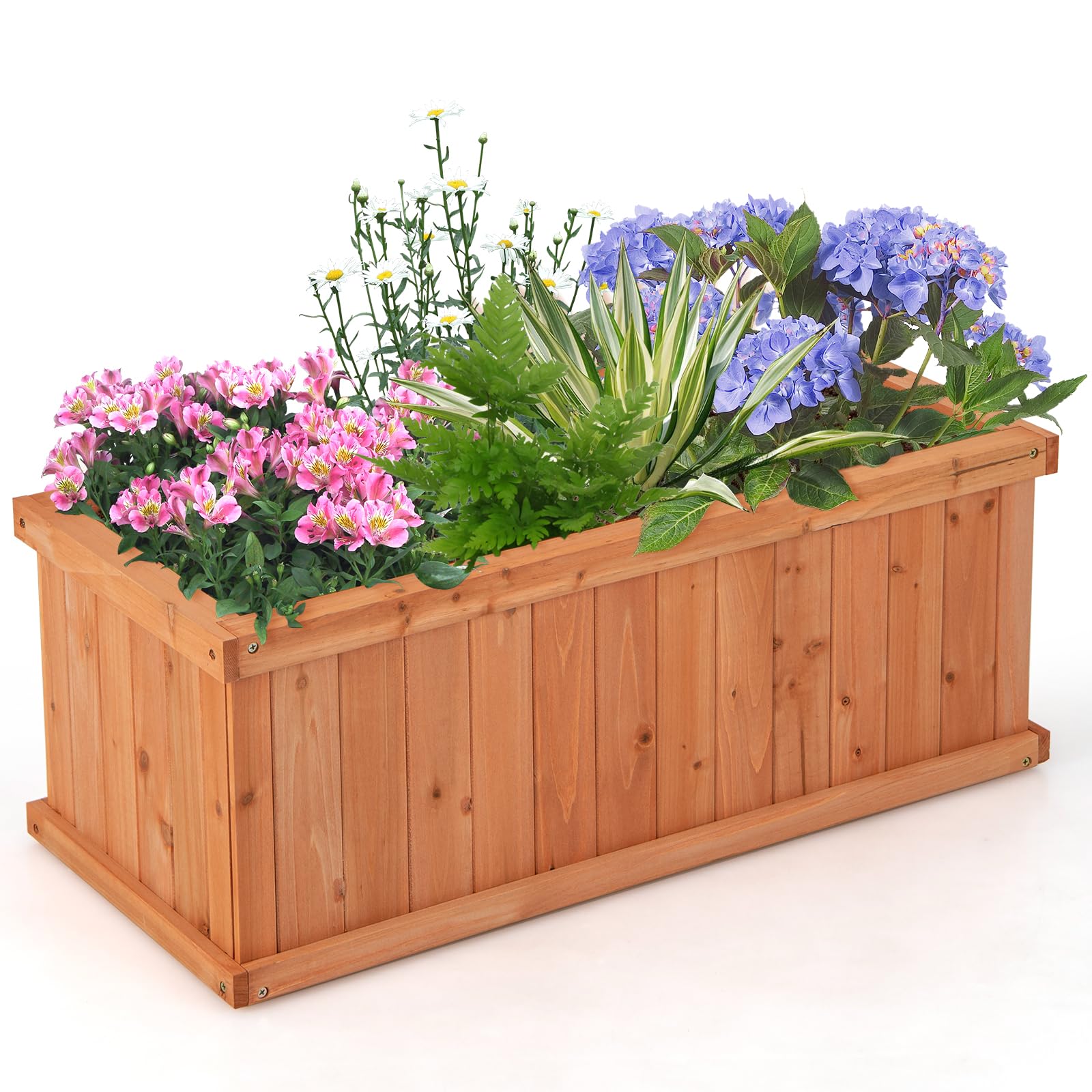 HAPPYGRILL Raised Garden Bed, Outdoor Elevated Flower Box w/ 4 Drainage Holes & Detachable Bottom Panels, Wood Planter Box for Vegetables Flowers Herbs & Fruits Growing, 31” x 14” x 12”
