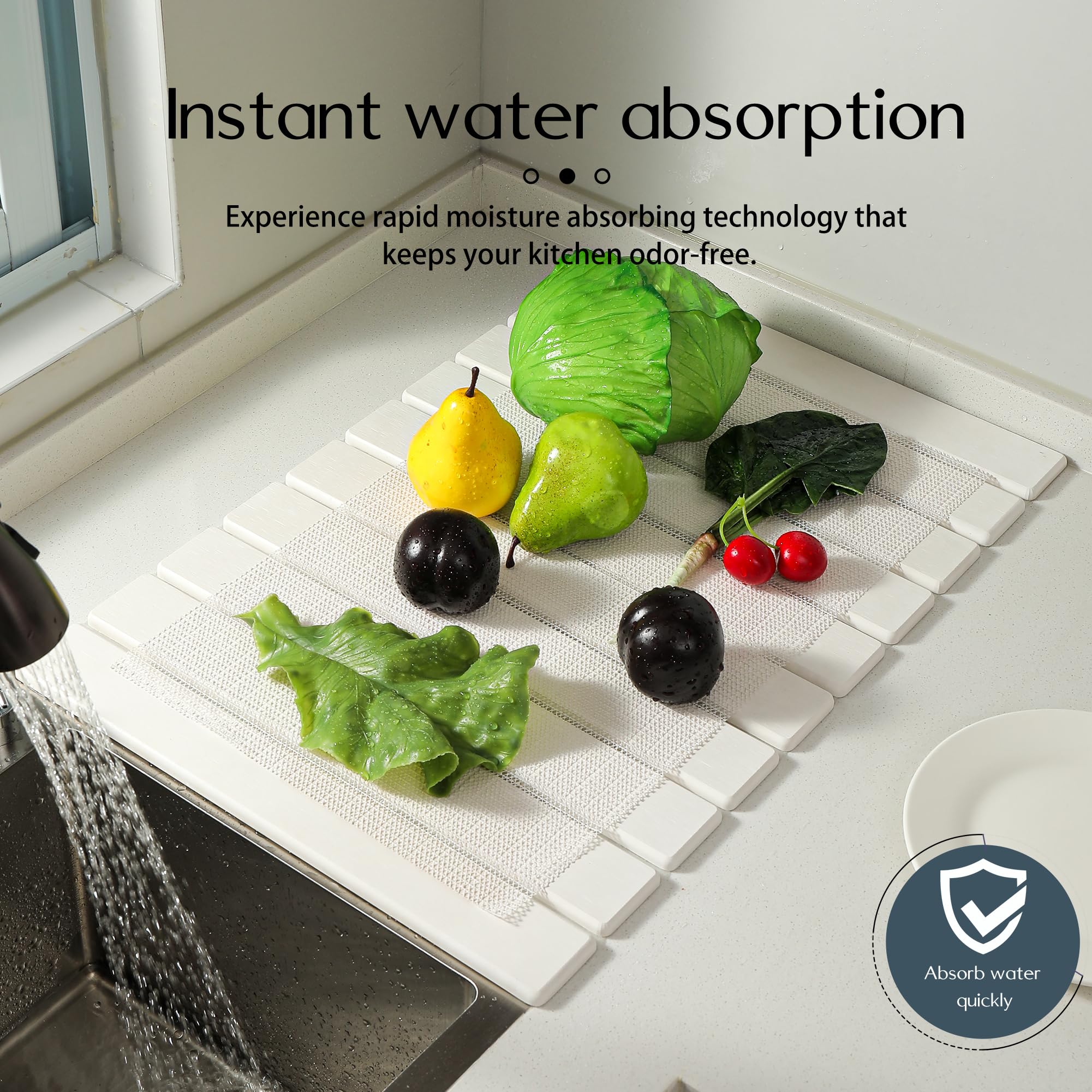 Volminex Diatomeeënaarde Afdruipmat, Antislip Absorberende Mat voor Snelle Droging, Afdruiprek Mat voor Werkblad in de Keuken, Keuken Droogmat voor Dagelijks Gebruik (Wit, 60 x 40 cm