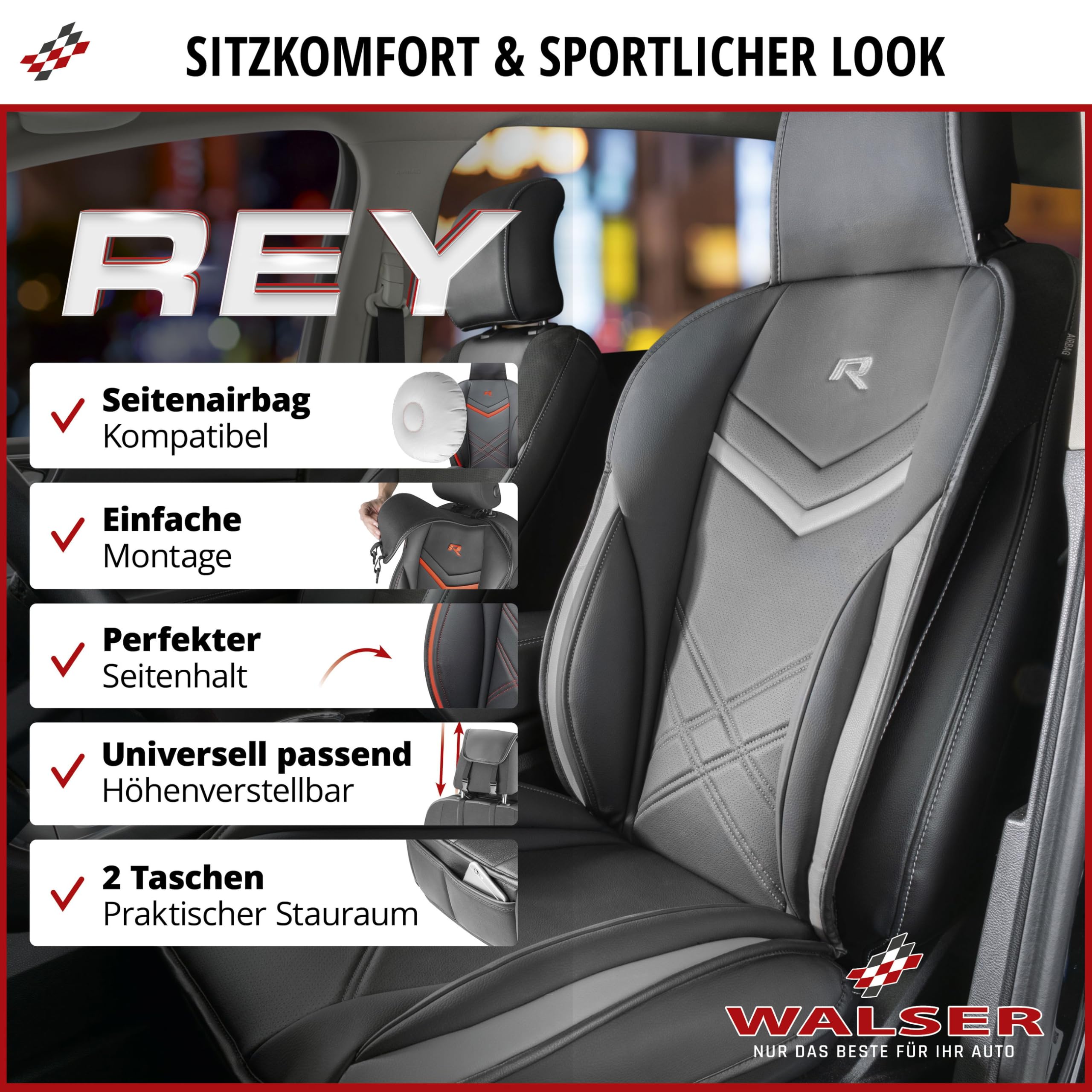 WALSER Nakładka na fotel samochodowy Auto Rey, ochraniacz na fotele samochodowe, czarno-szary, uniwersalny pokrowiec na przednie siedzenia, poduszka na siedzenia samochodowe, sportowy wygląd, pokrowce na siedzenia samochodowe do samochodów osobowych i cię