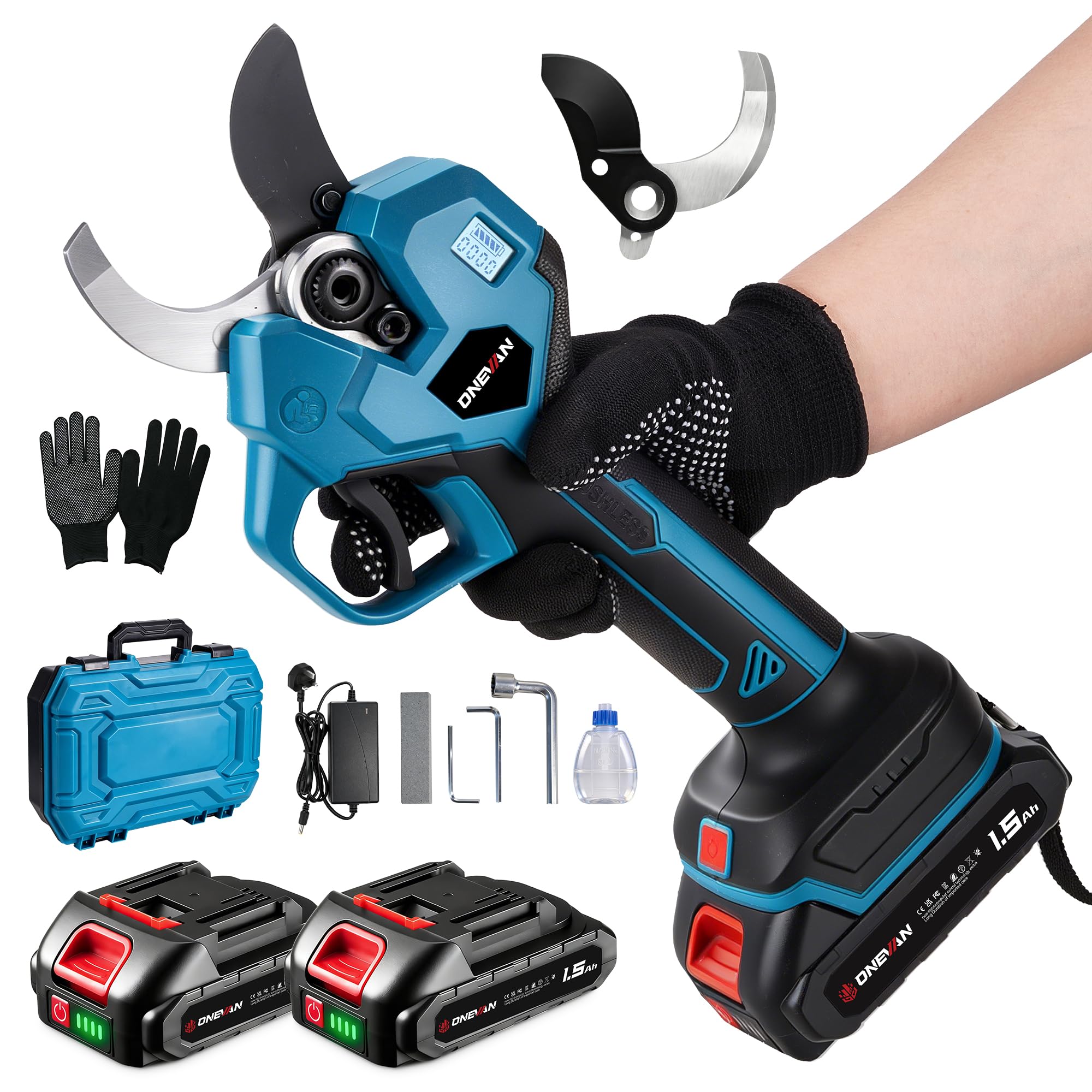 ONEVAN Battery Secateurs Pruning Shears - 40mm Cutting Diameter Brushless Electric Secateurs, 2-Cutting Opening, LCD Display, Two SK5 Blades, with 2 * 1.5Ah Battery, Best Gift for Father's Day