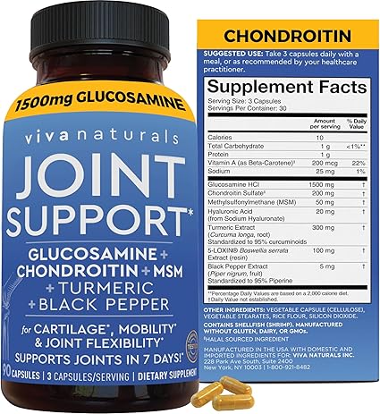 Viva Naturals Glucosamine Chondroitin MSM Joint Support Supplement, 90 Capsules - with Turmeric, Black Pepper, Boswellia and Hyaluronic Acid - Joint Health Supplement for Mobility and Flexibility